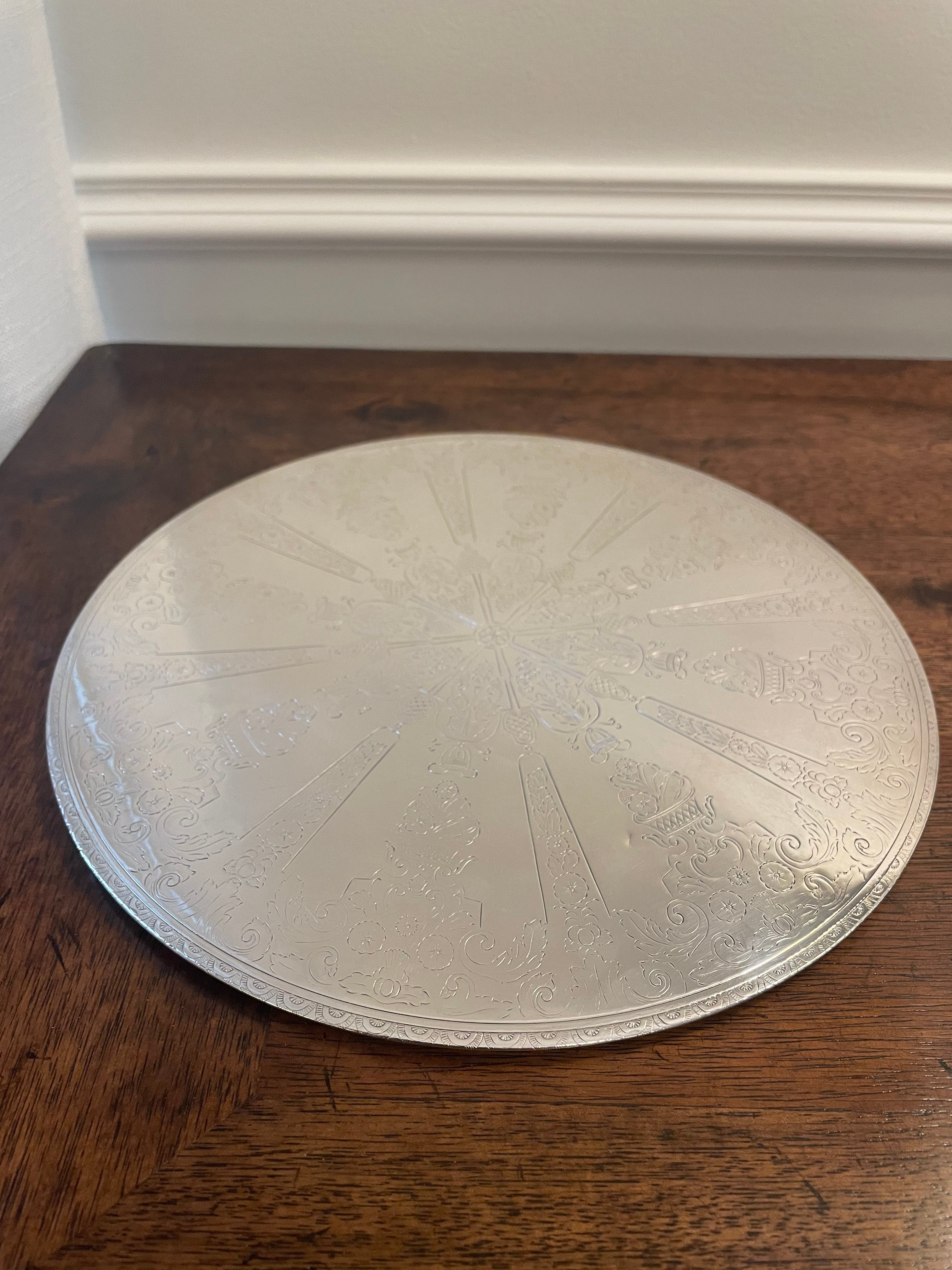 Rare pair Swedish silverplate etched hot pad/trivet for tabletop serving (smaller is 7.5 inches wide, larger is 9 inches)
