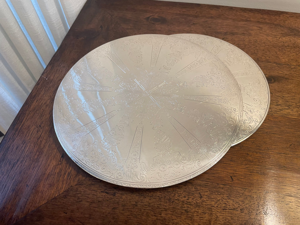 Rare pair Swedish silverplate etched hot pad/trivet for tabletop serving (smaller is 7.5 inches wide, larger is 9 inches)