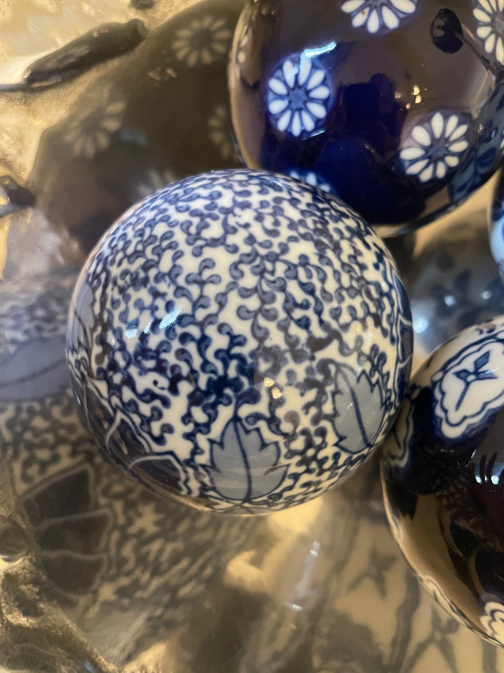 Vintage Hand-Painted Blue & White Ceramic Orbs — Set of 4
