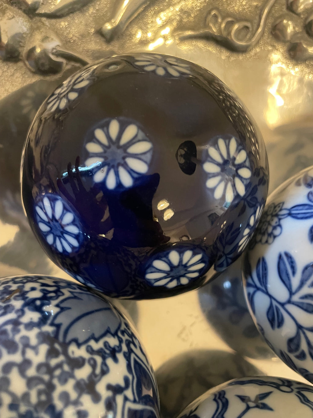 Vintage Hand-Painted Blue & White Ceramic Orbs — Set of 4
