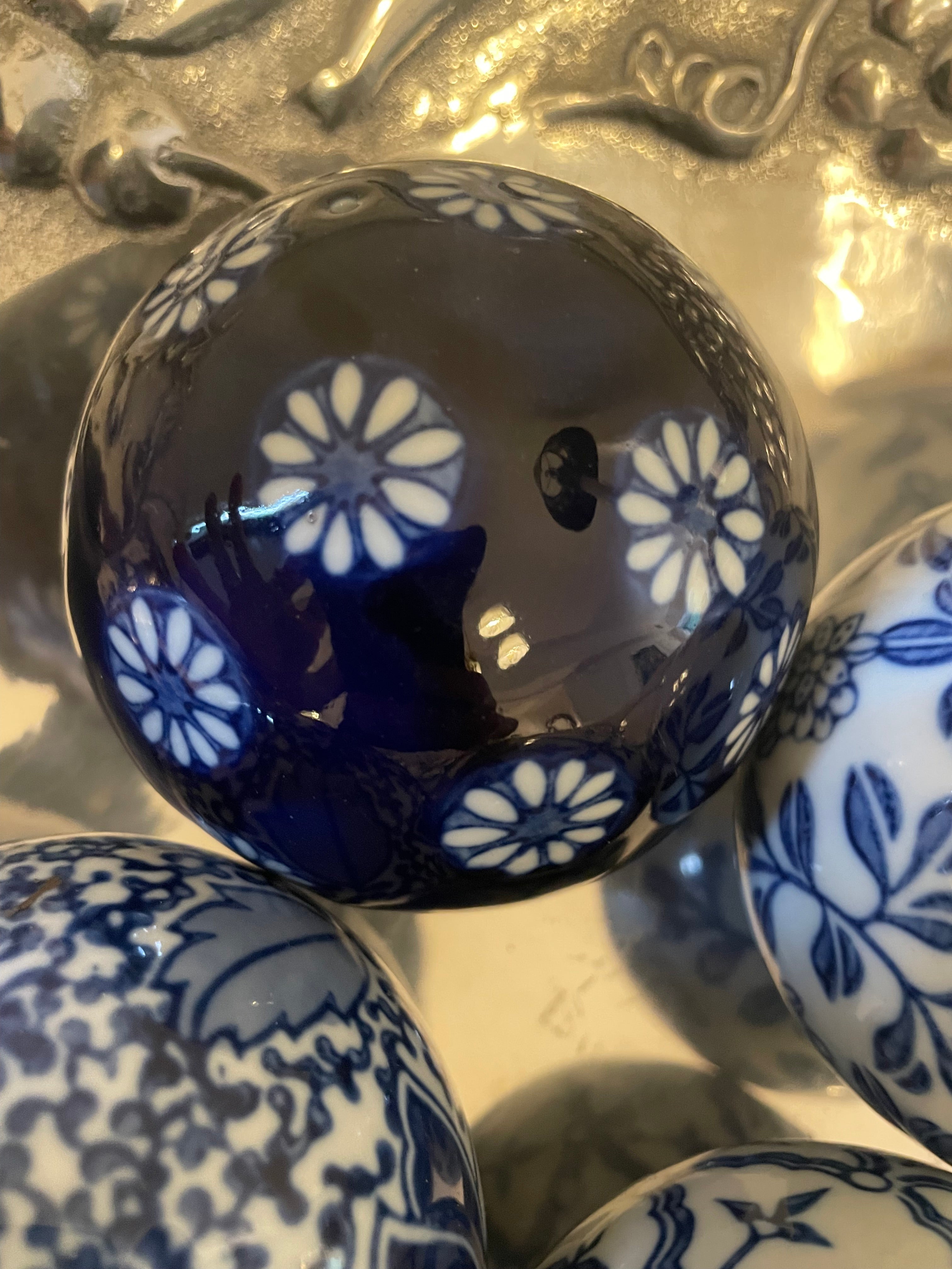 Vintage Hand-Painted Blue & White Ceramic Orbs — Set of 4