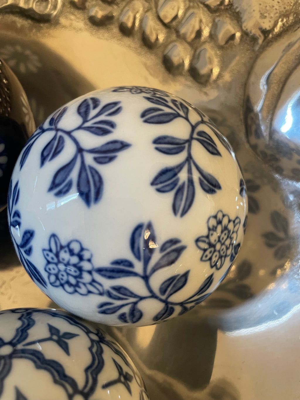 Vintage Hand-Painted Blue & White Ceramic Orbs — Set of 4