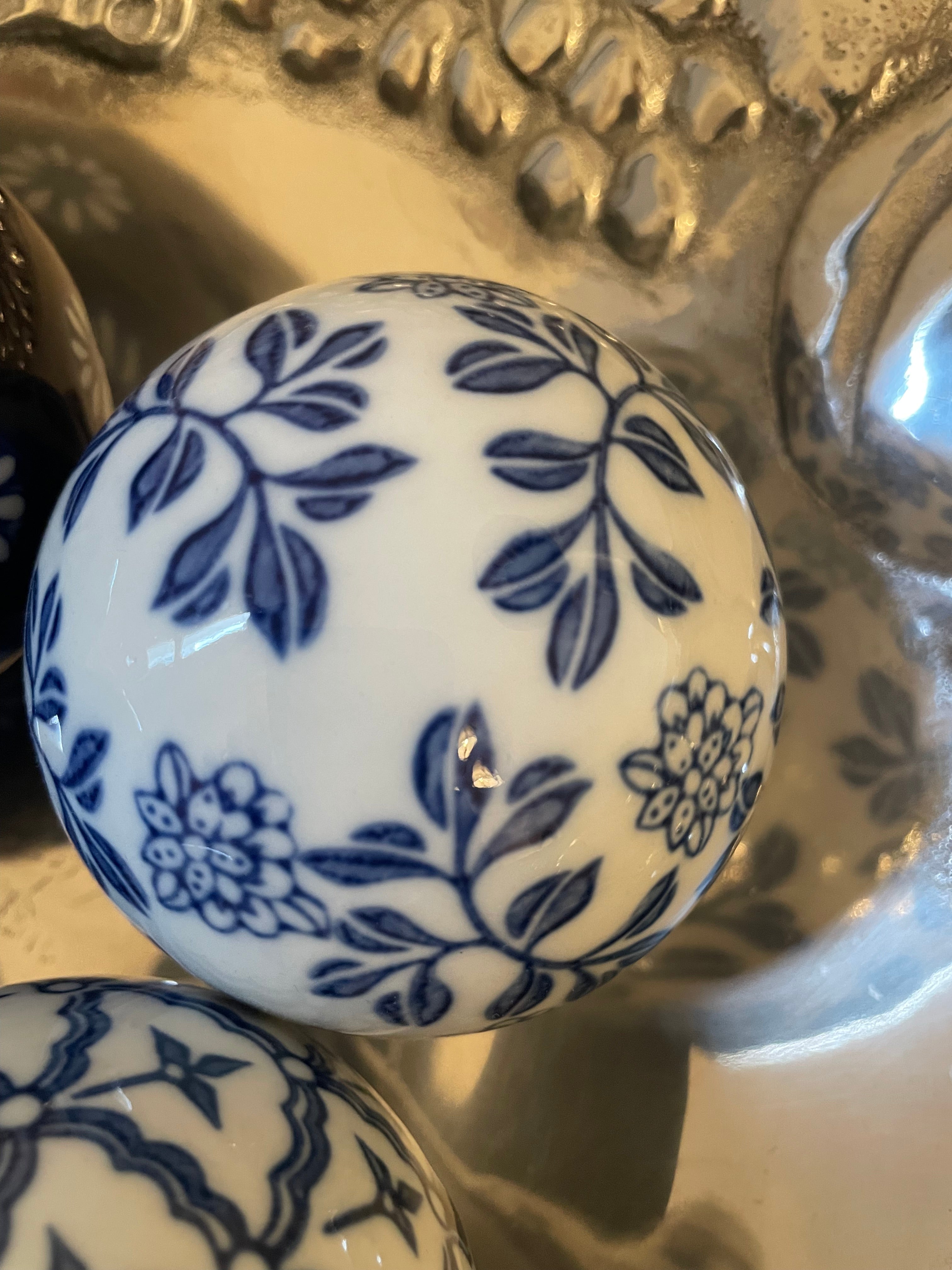 Vintage Hand-Painted Blue & White Ceramic Orbs — Set of 4