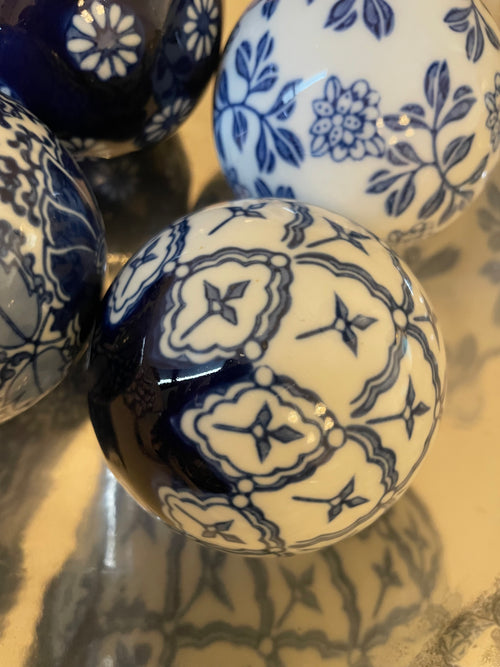 Vintage Hand-Painted Blue & White Ceramic Orbs — Set of 4