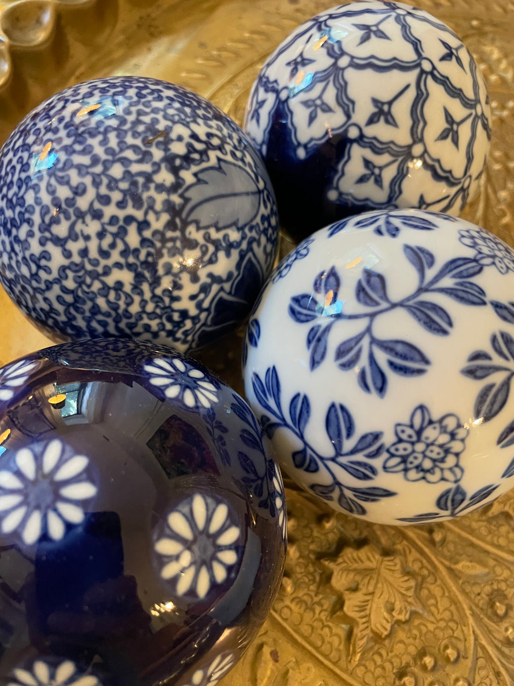 Vintage Hand-Painted Blue & White Ceramic Orbs — Set of 4