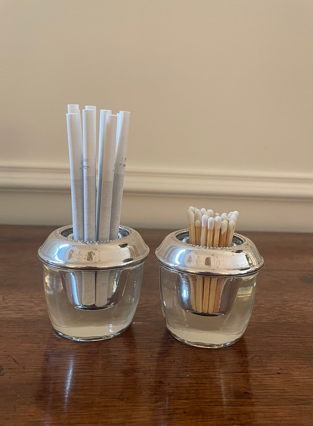 Frank Whiting Sterling Silver & Blown Glass Bar Holders, Pair, c. 1920s–30s
