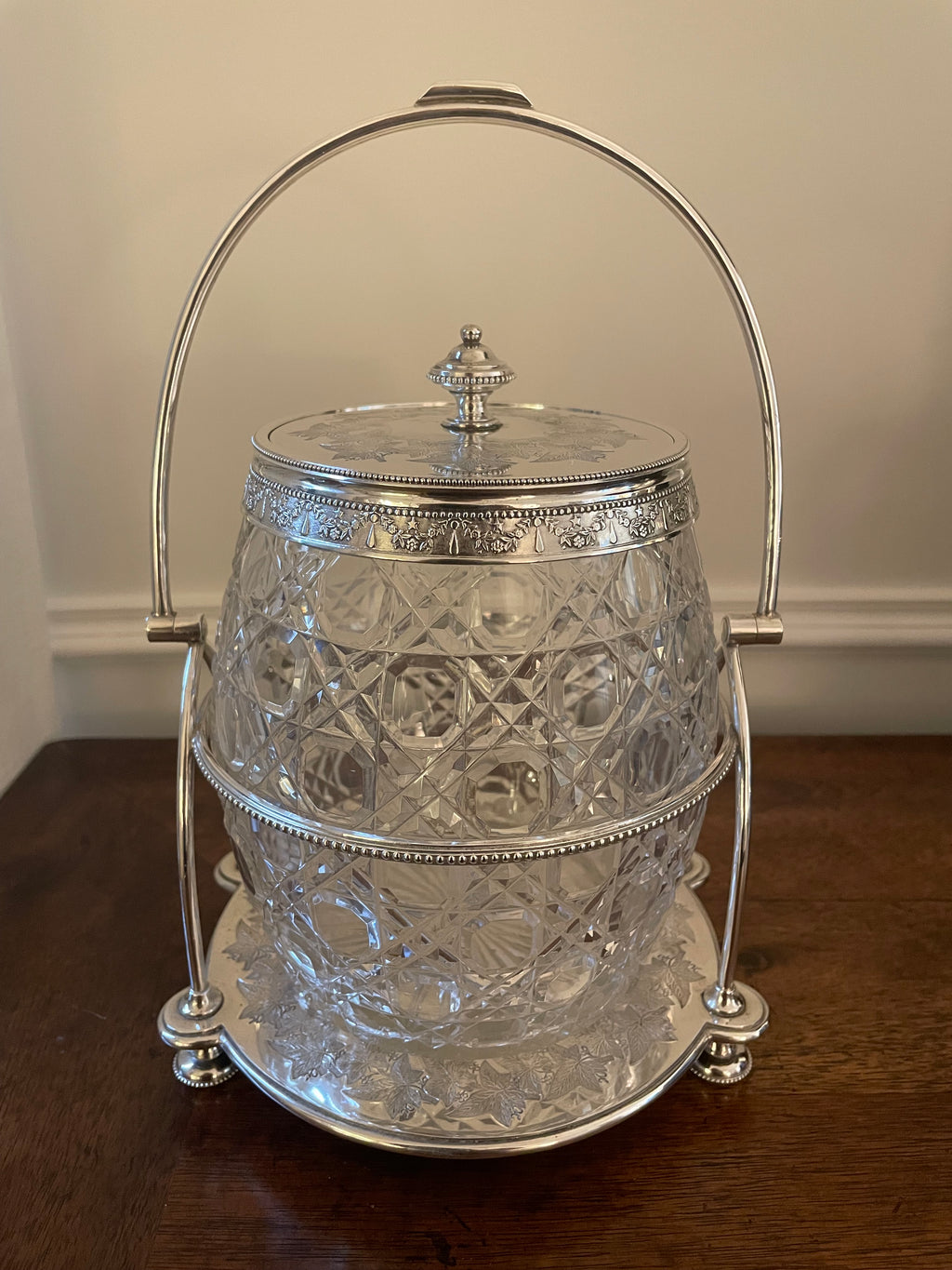 Fern Leaf Engraved Silverplate and Cut Crystal Biscuit Barrel (Cookie Jar), late 1800's