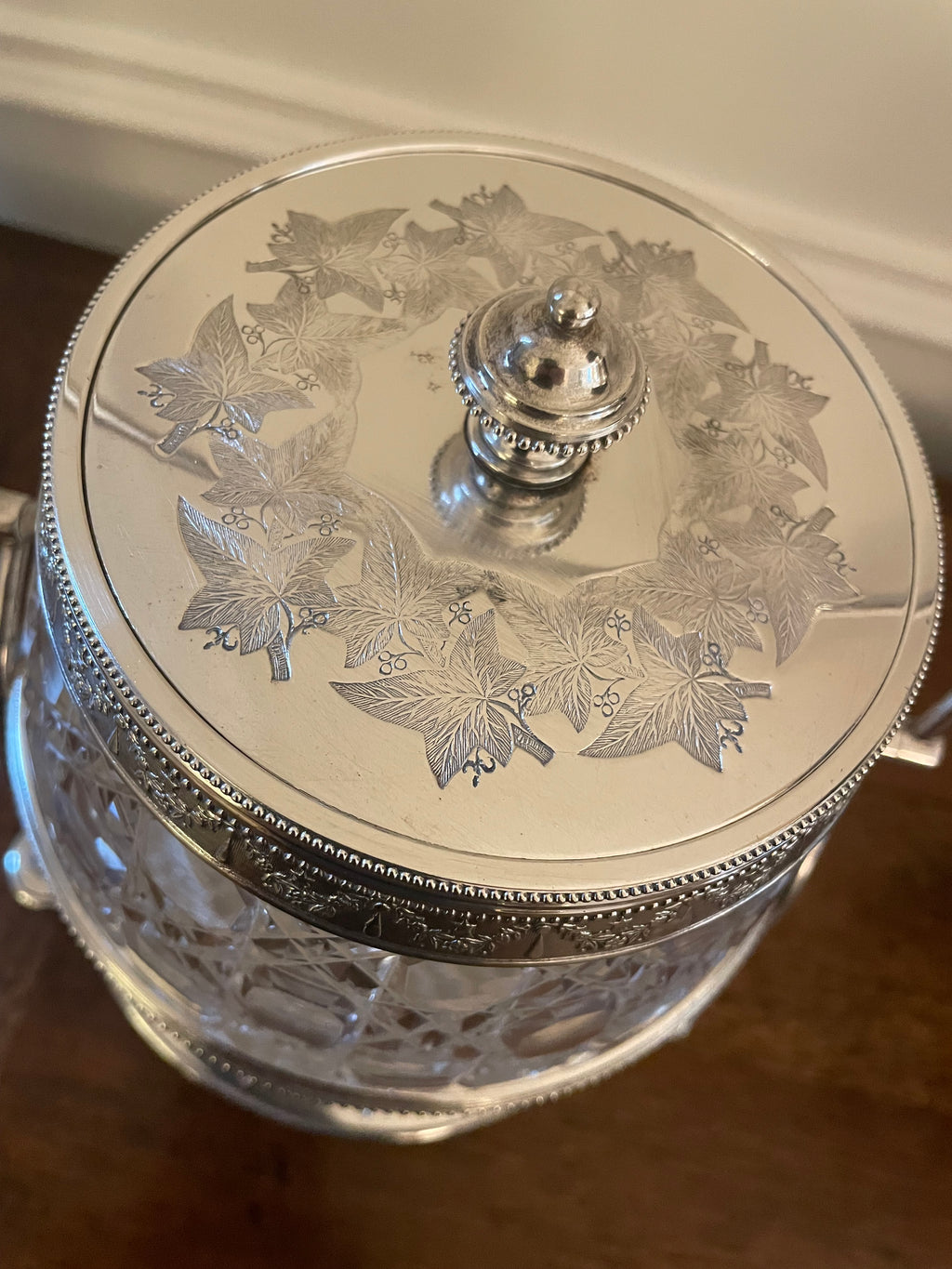 Fern Leaf Engraved Silverplate and Cut Crystal Biscuit Barrel (Cookie Jar), late 1800's