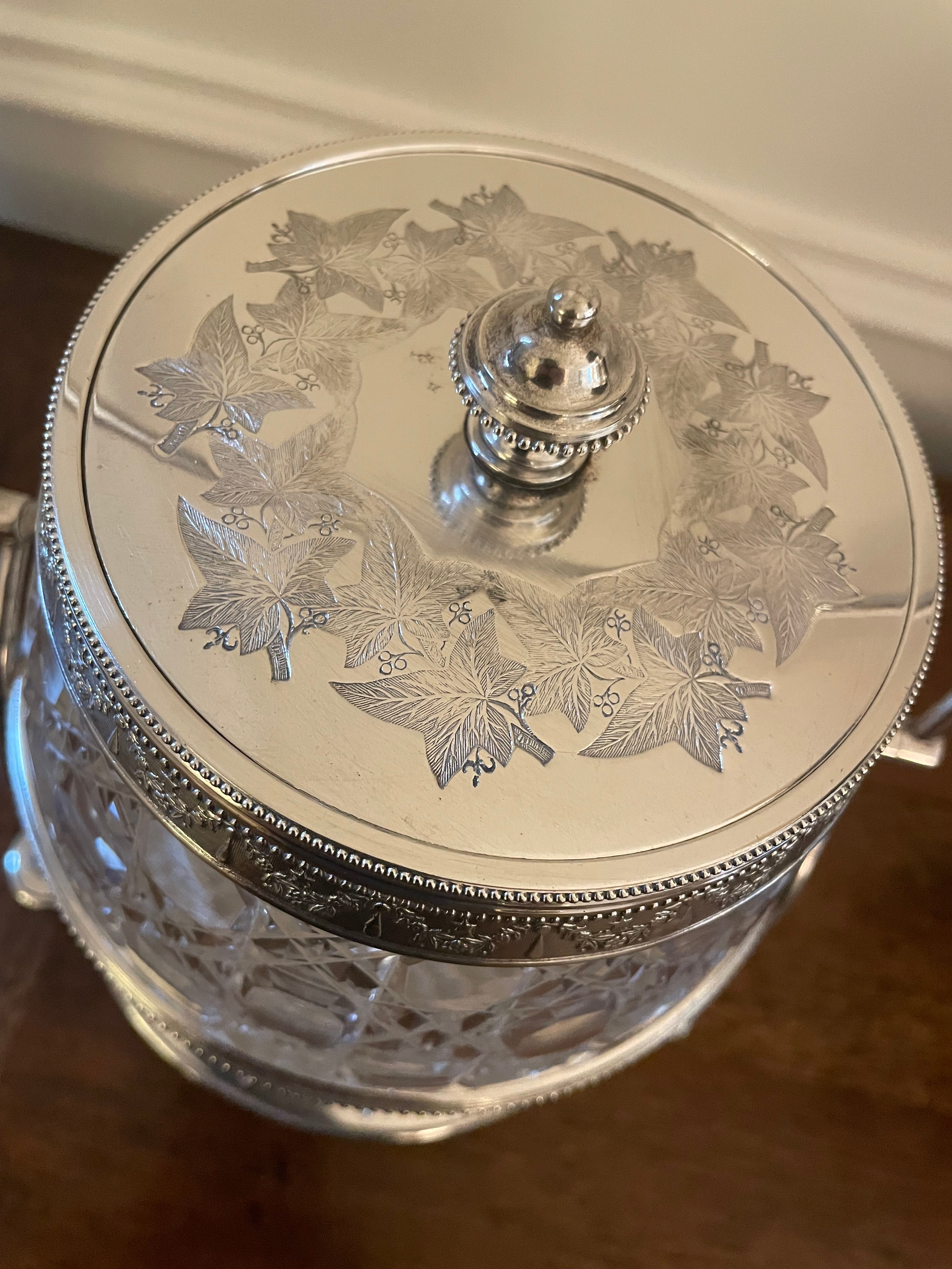 Fern Leaf Engraved Silverplate and Cut Crystal Biscuit Barrel (Cookie Jar), late 1800's