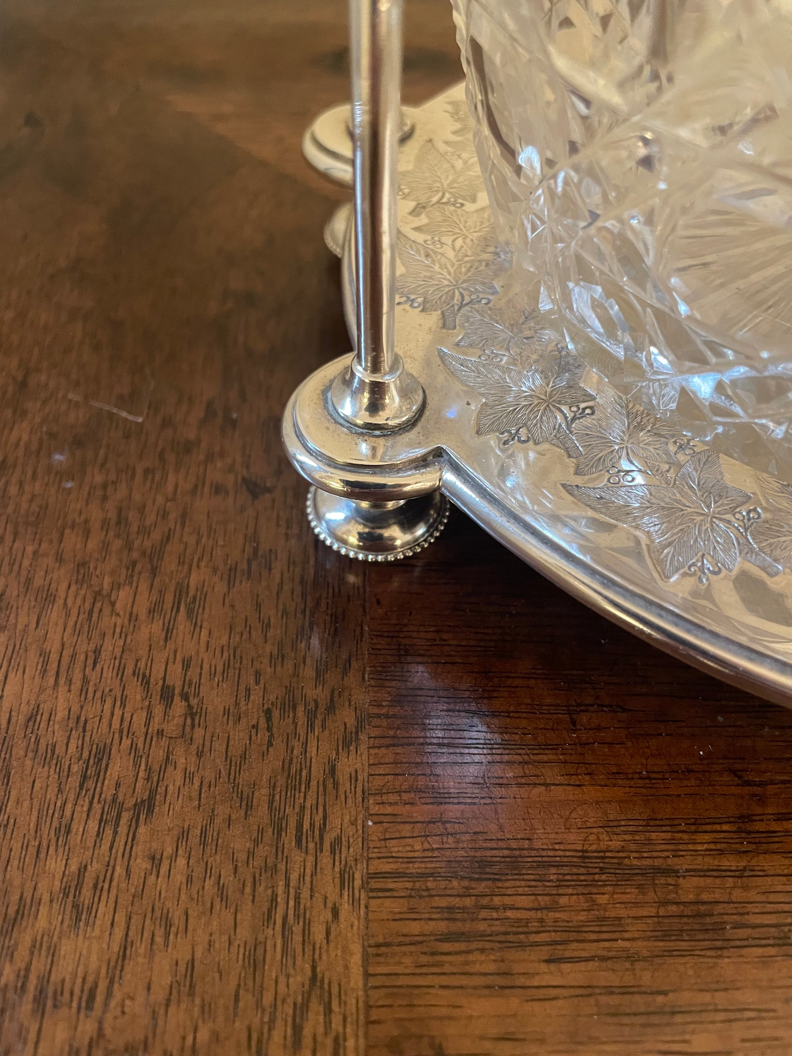 Fern Leaf Engraved Silverplate and Cut Crystal Biscuit Barrel (Cookie Jar), late 1800's