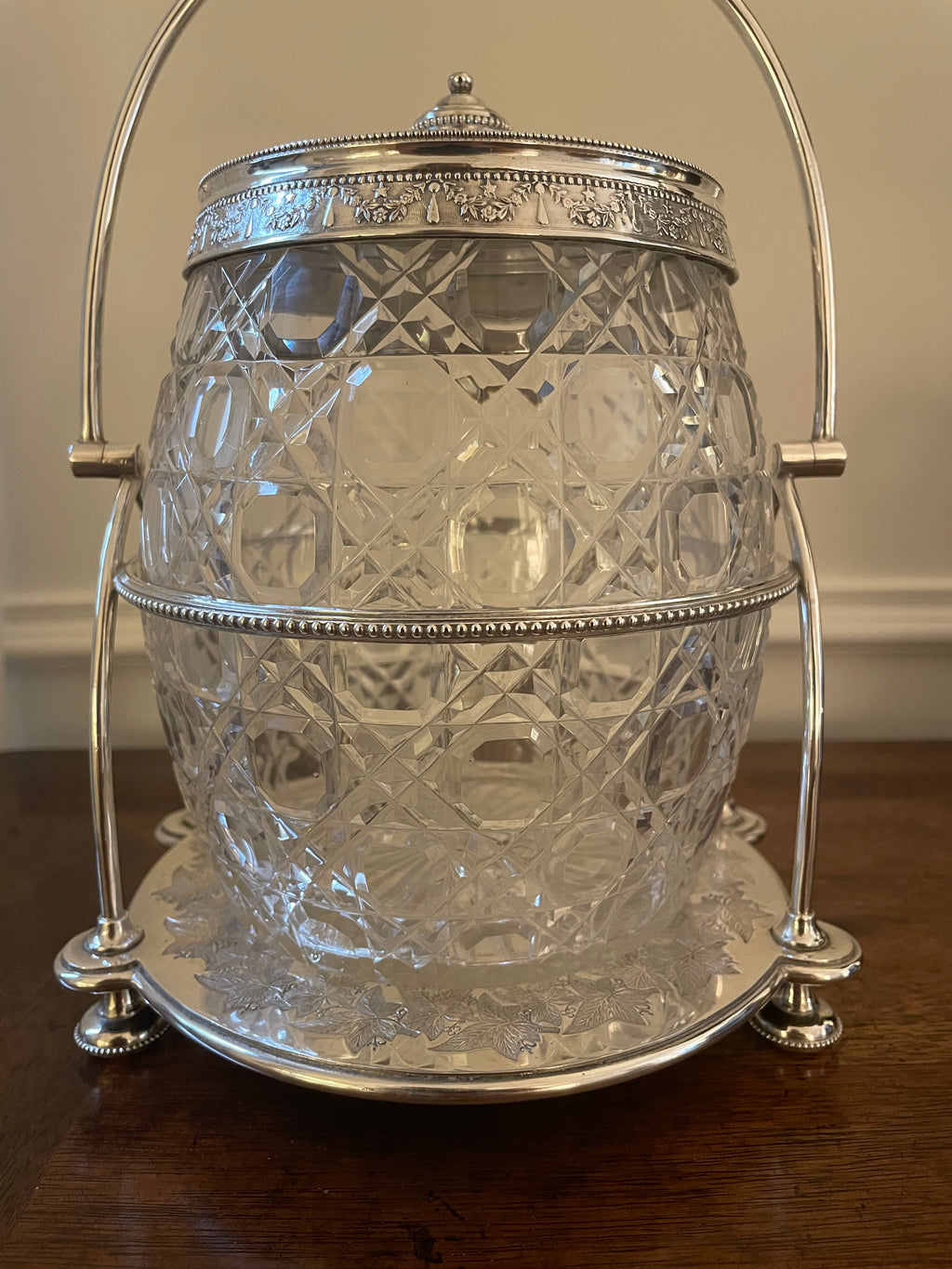 Fern Leaf Engraved Silverplate and Cut Crystal Biscuit Barrel (Cookie Jar), late 1800's