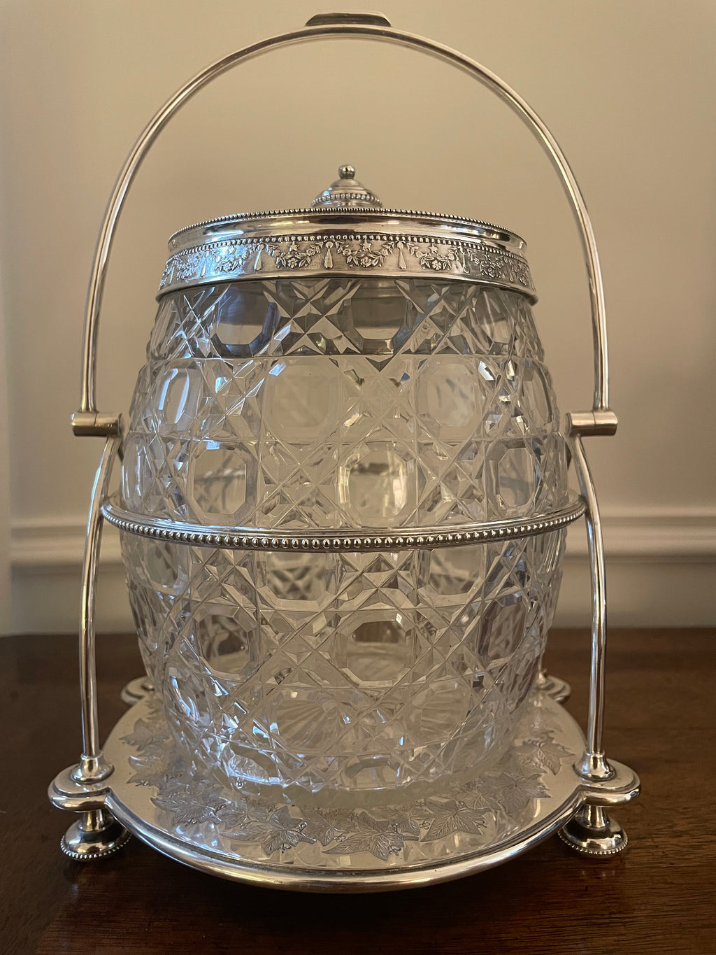 Fern Leaf Engraved Silverplate and Cut Crystal Biscuit Barrel (Cookie Jar), late 1800's