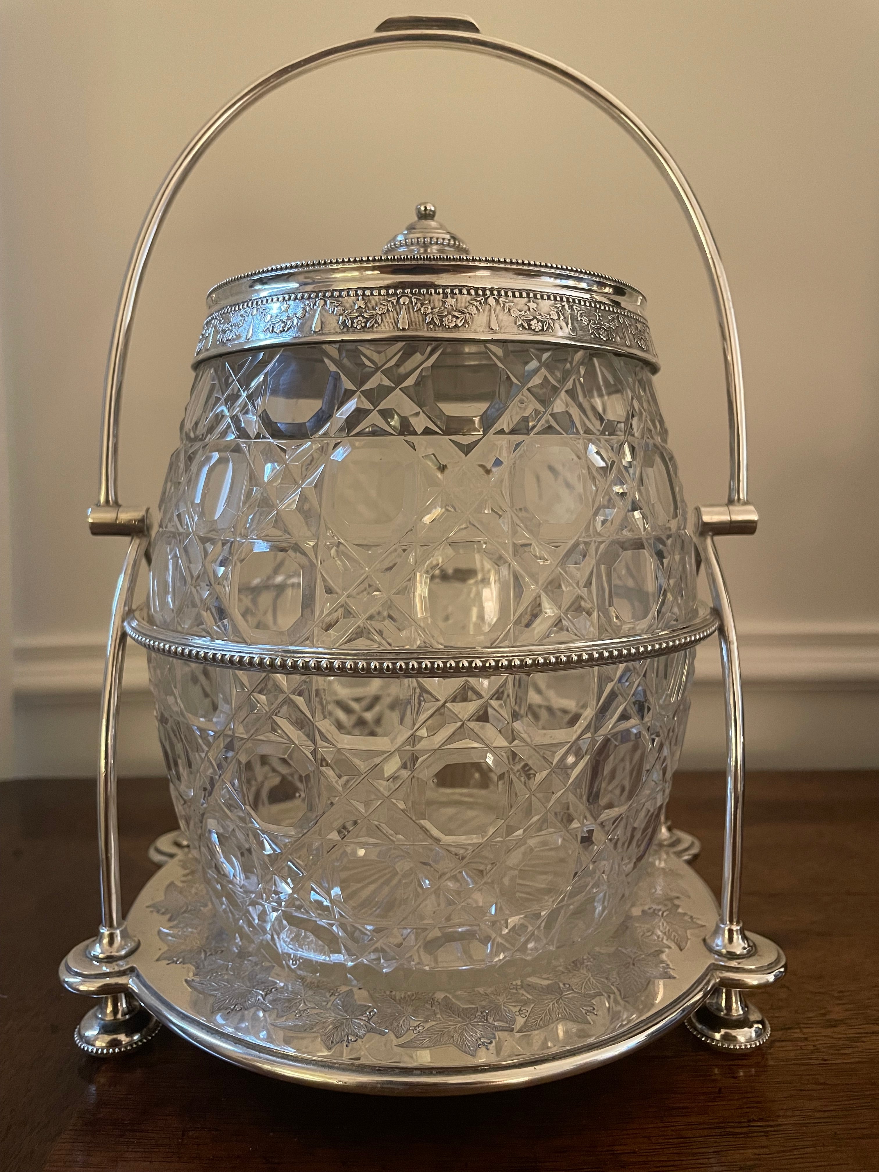 Fern Leaf Engraved Silverplate and Cut Crystal Biscuit Barrel (Cookie Jar), late 1800's