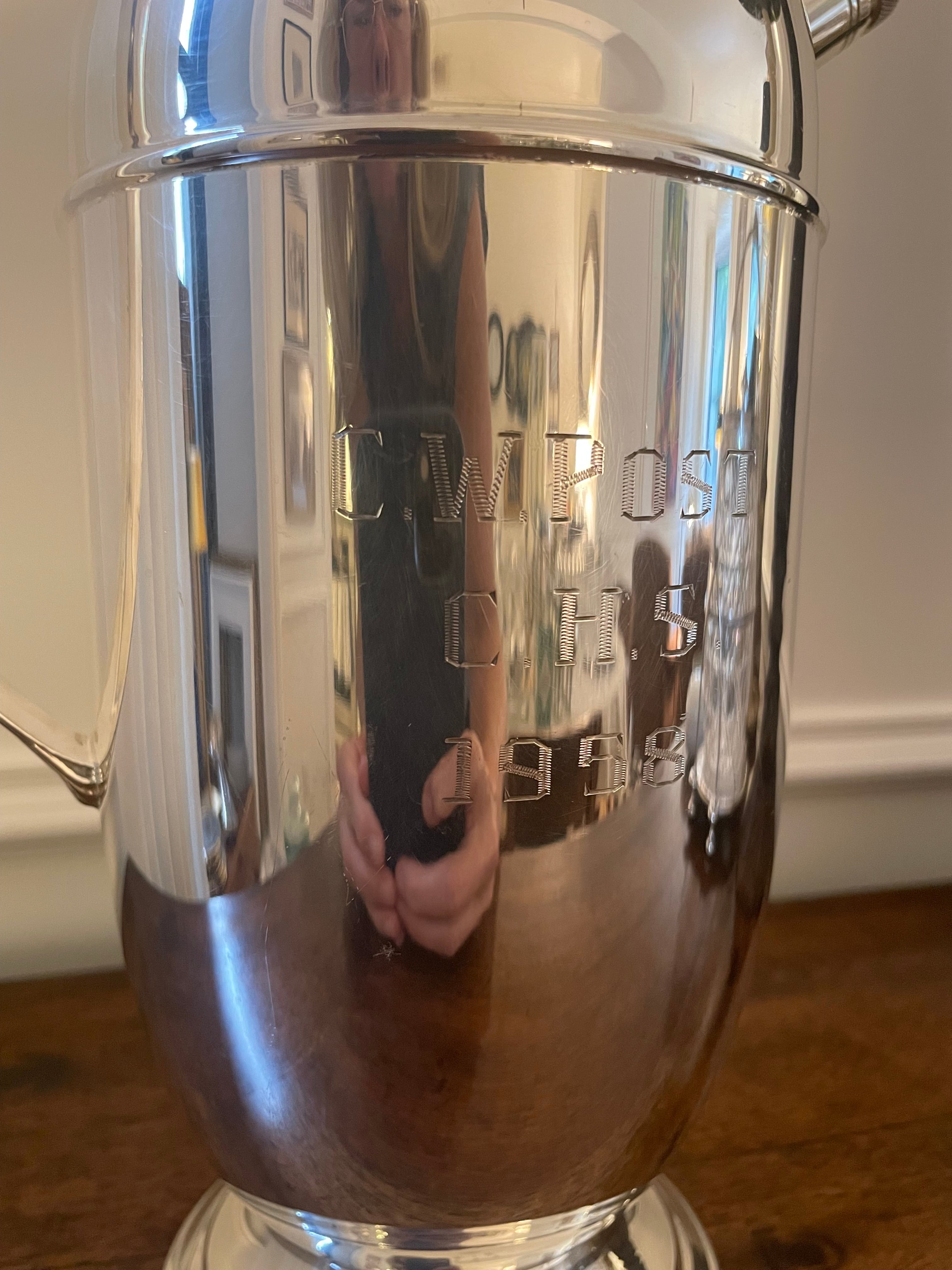 1958 C.W. Post College First Commencement Oversized Silverplate Cocktail Shaker, G. Balfour Co.