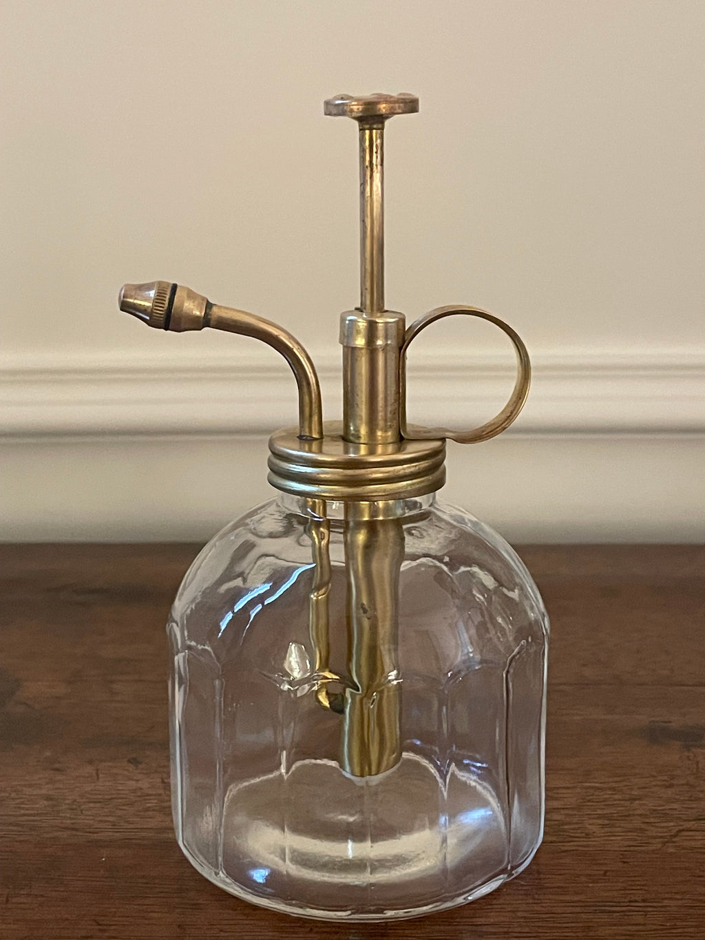 Vintage clear fluted glass and unlacquered brass plant mister, orchid mister, soap dispenser
