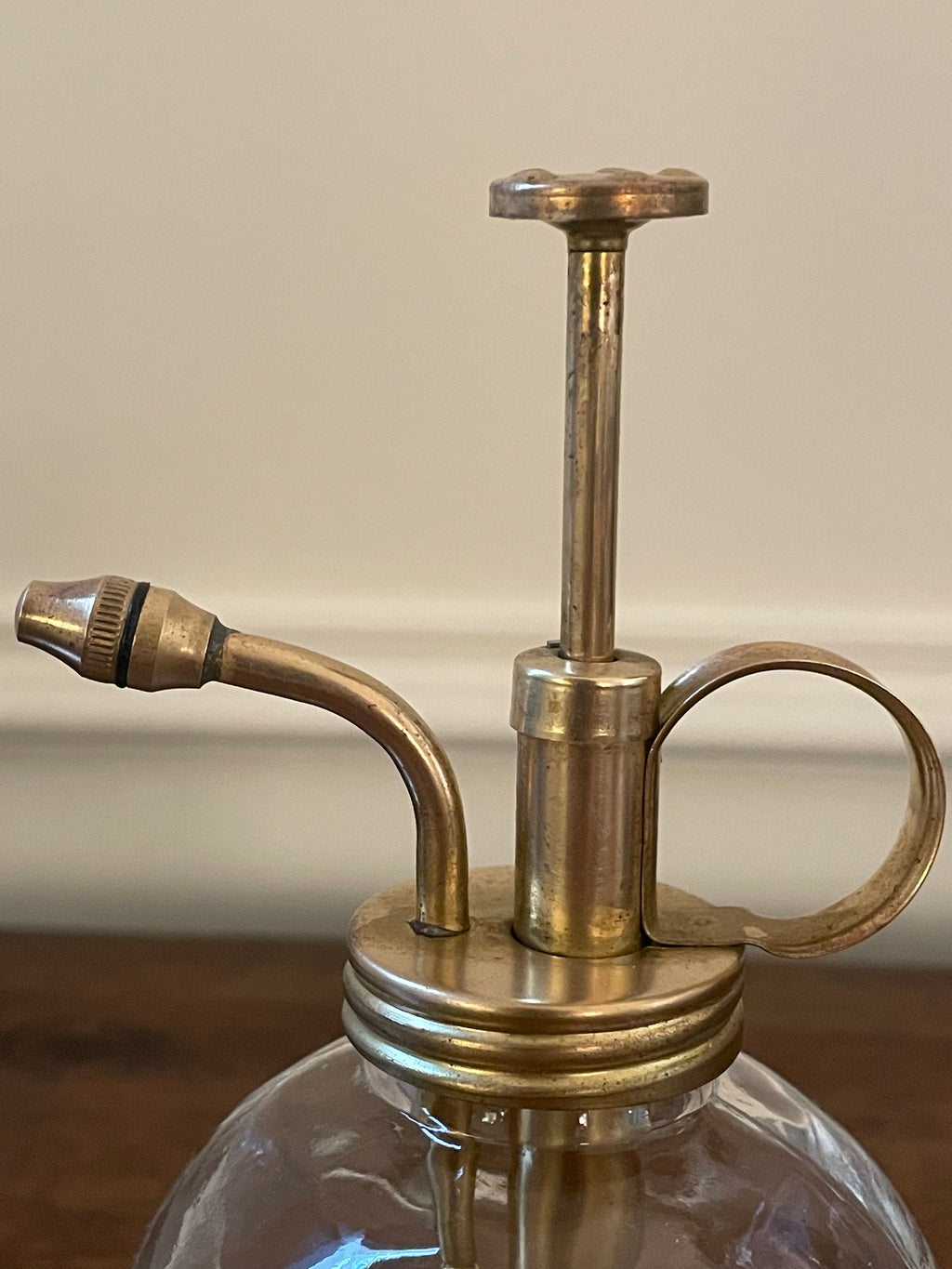 Vintage clear fluted glass and unlacquered brass plant mister, orchid mister, soap dispenser