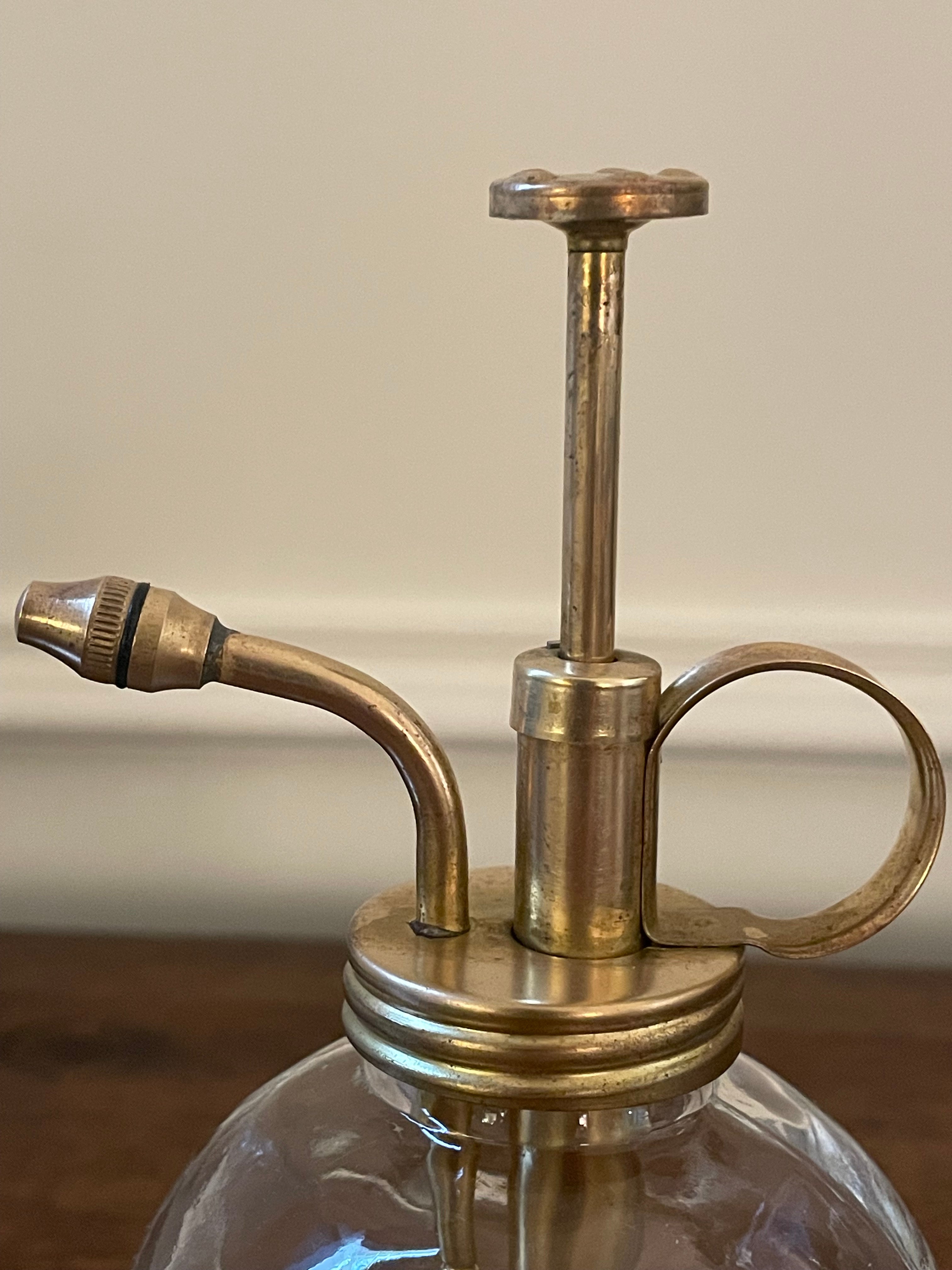 Vintage clear fluted glass and unlacquered brass plant mister, orchid mister, soap dispenser