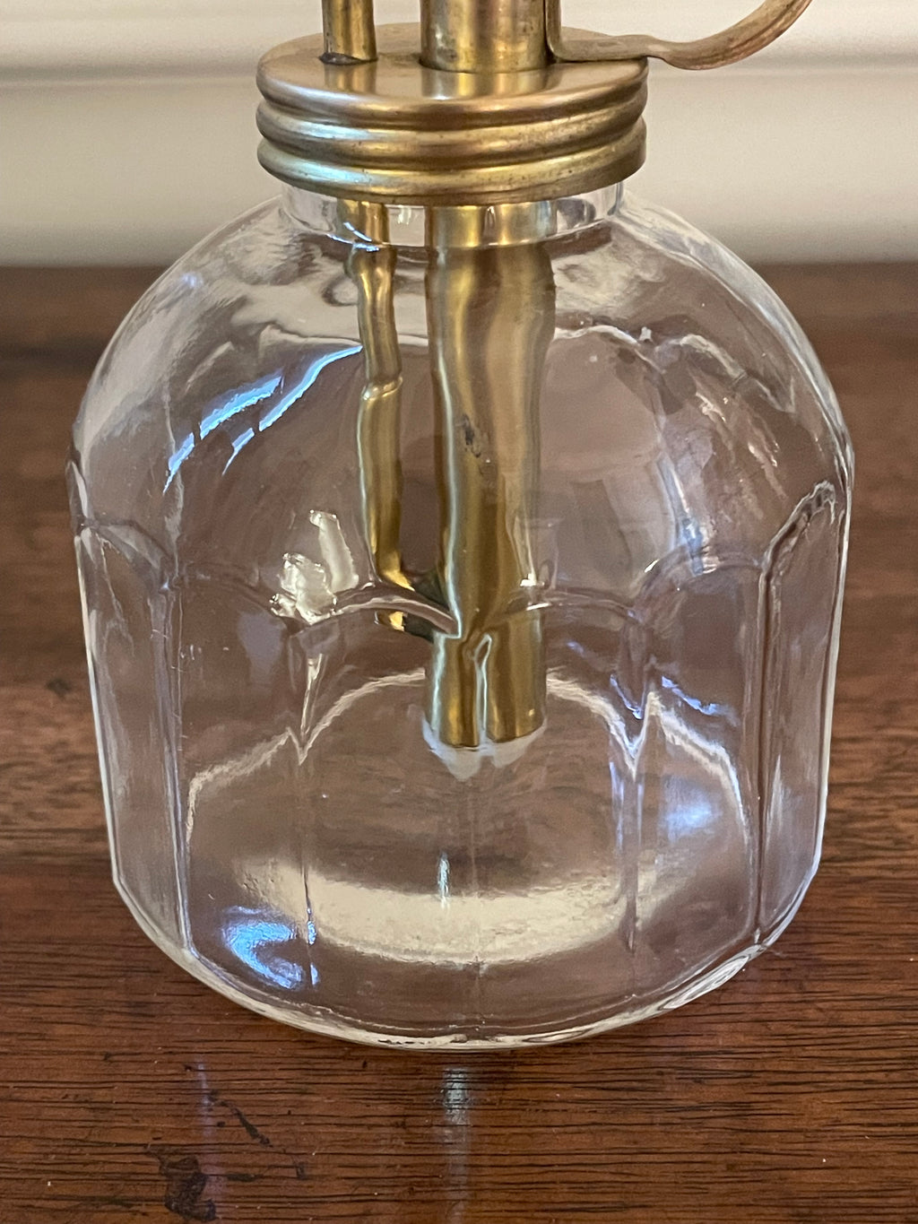 Vintage clear fluted glass and unlacquered brass plant mister, orchid mister, soap dispenser
