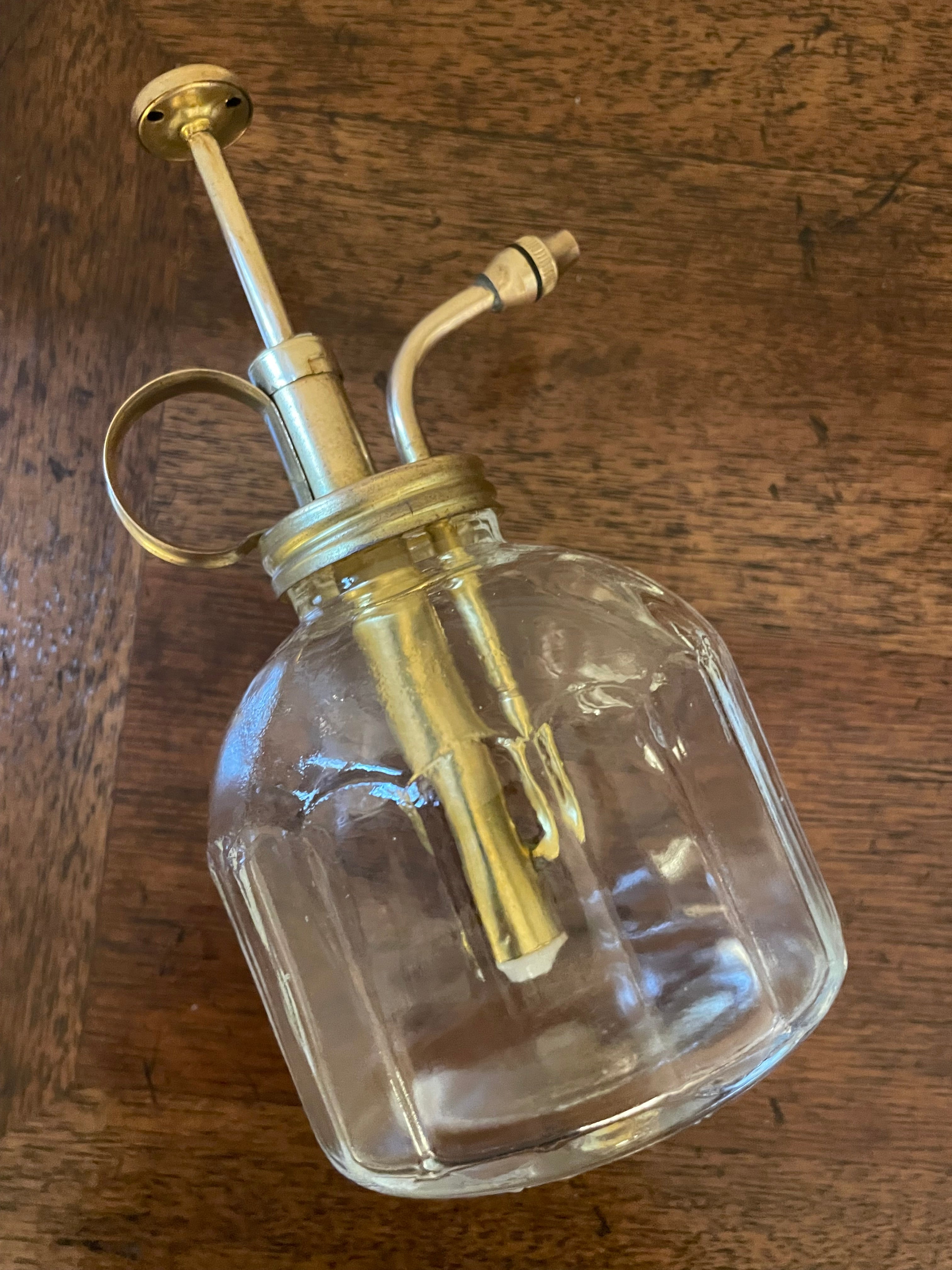 Vintage clear fluted glass and unlacquered brass plant mister, orchid mister, soap dispenser
