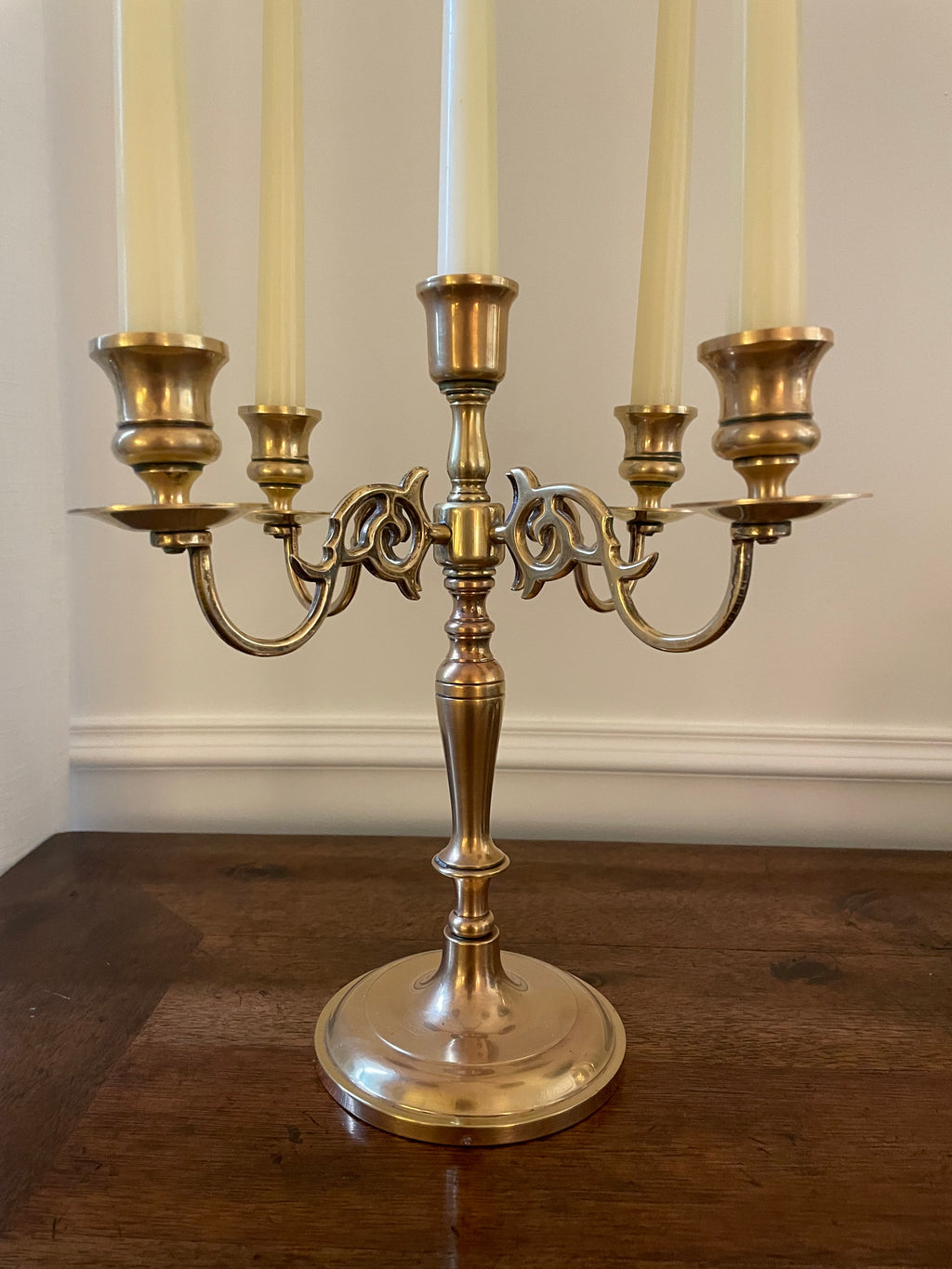 Vintage Polished Baldwin Brass 5 Arm Candelabra Made in USA, approx 11 inches tall,  11 inches wide