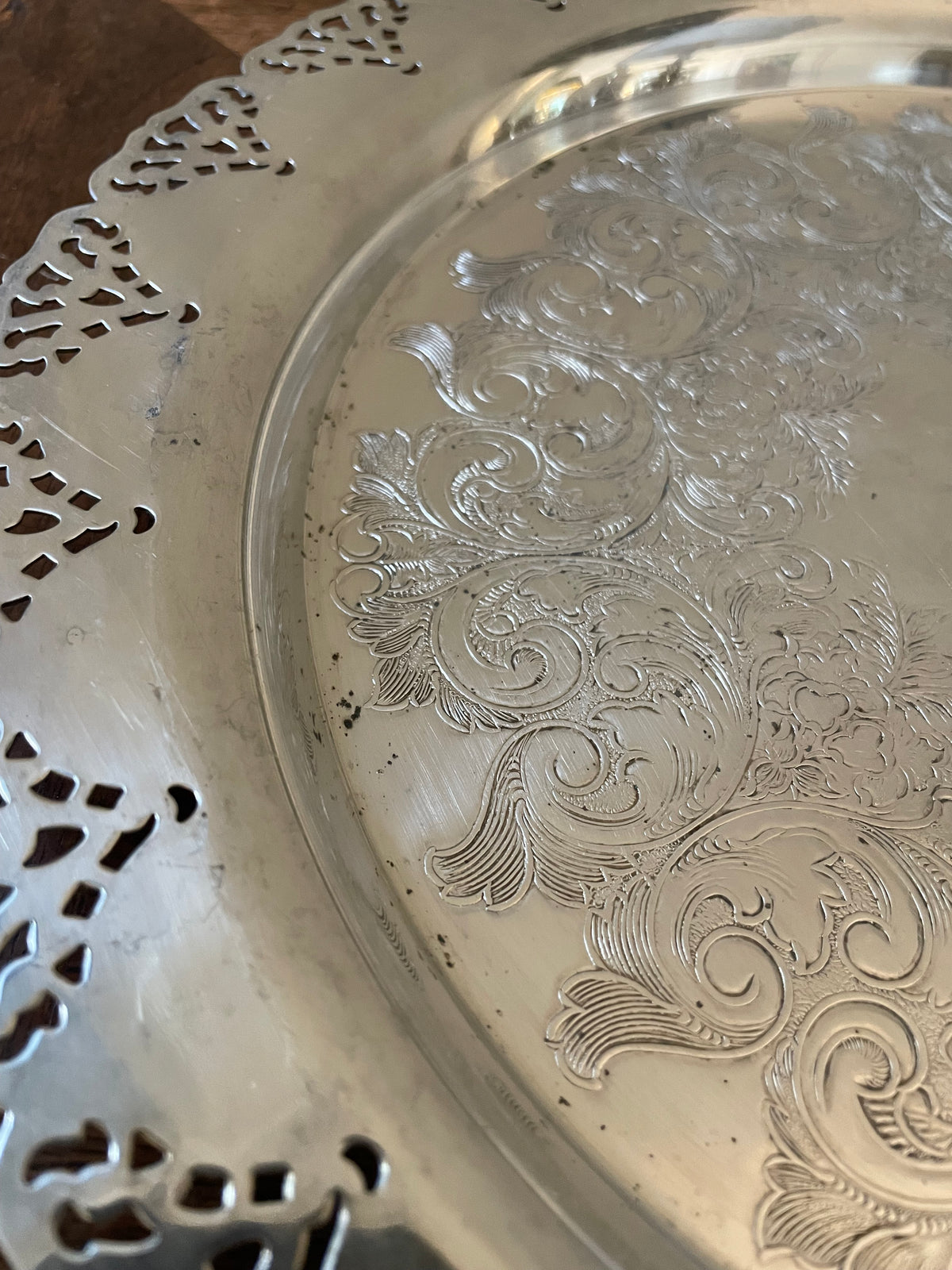 Vintage Mid-Century Silver Plated Pierced Gallery Round Serving/Cocktail Tray