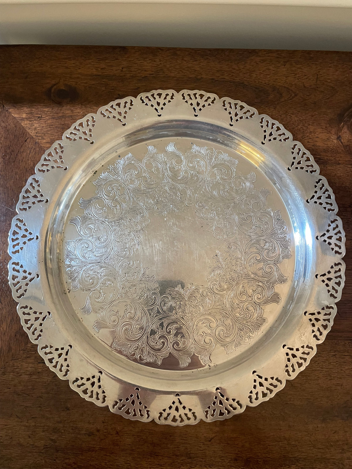 Vintage Mid-Century Silver Plated Pierced Gallery Round Serving/Cocktail Tray