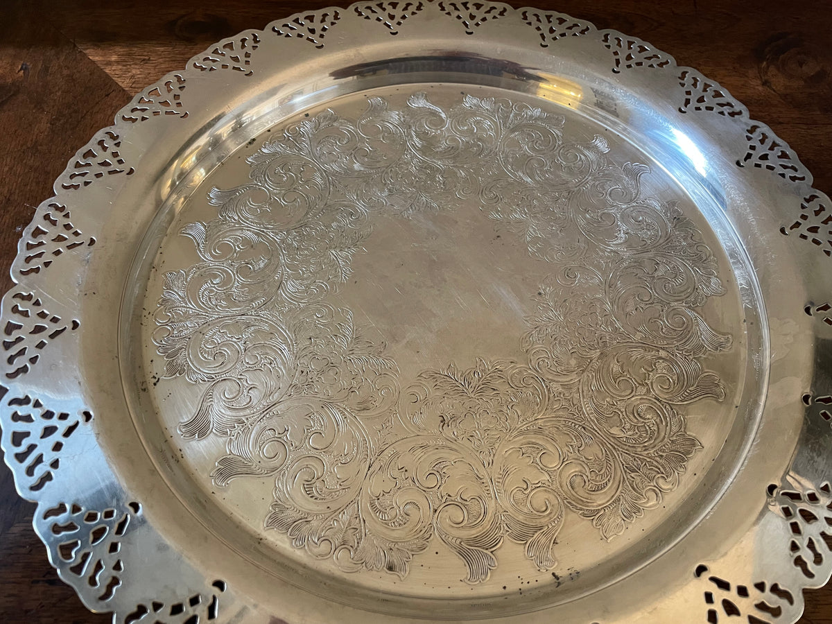 Vintage Mid-Century Silver Plated Pierced Gallery Round Serving/Cocktail Tray