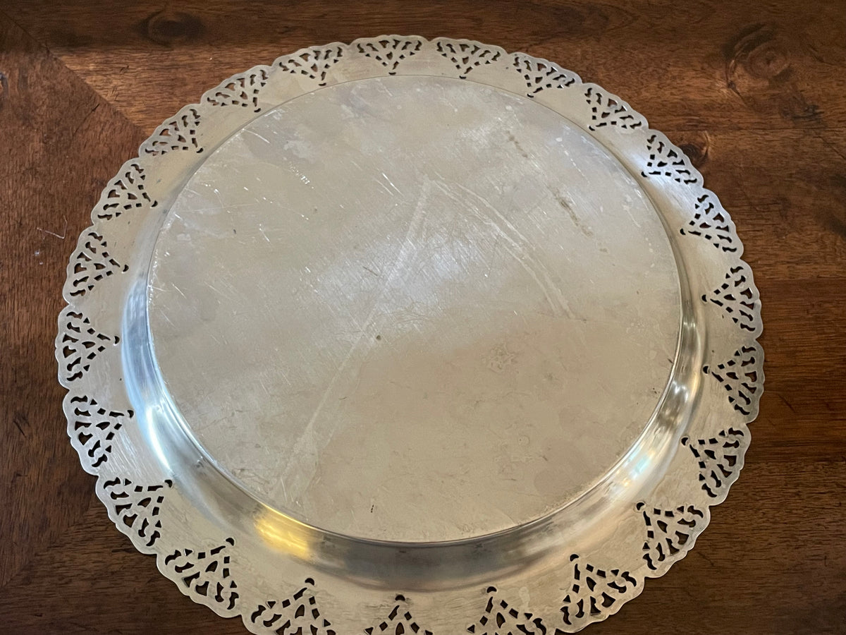 Vintage Mid-Century Silver Plated Pierced Gallery Round Serving/Cocktail Tray
