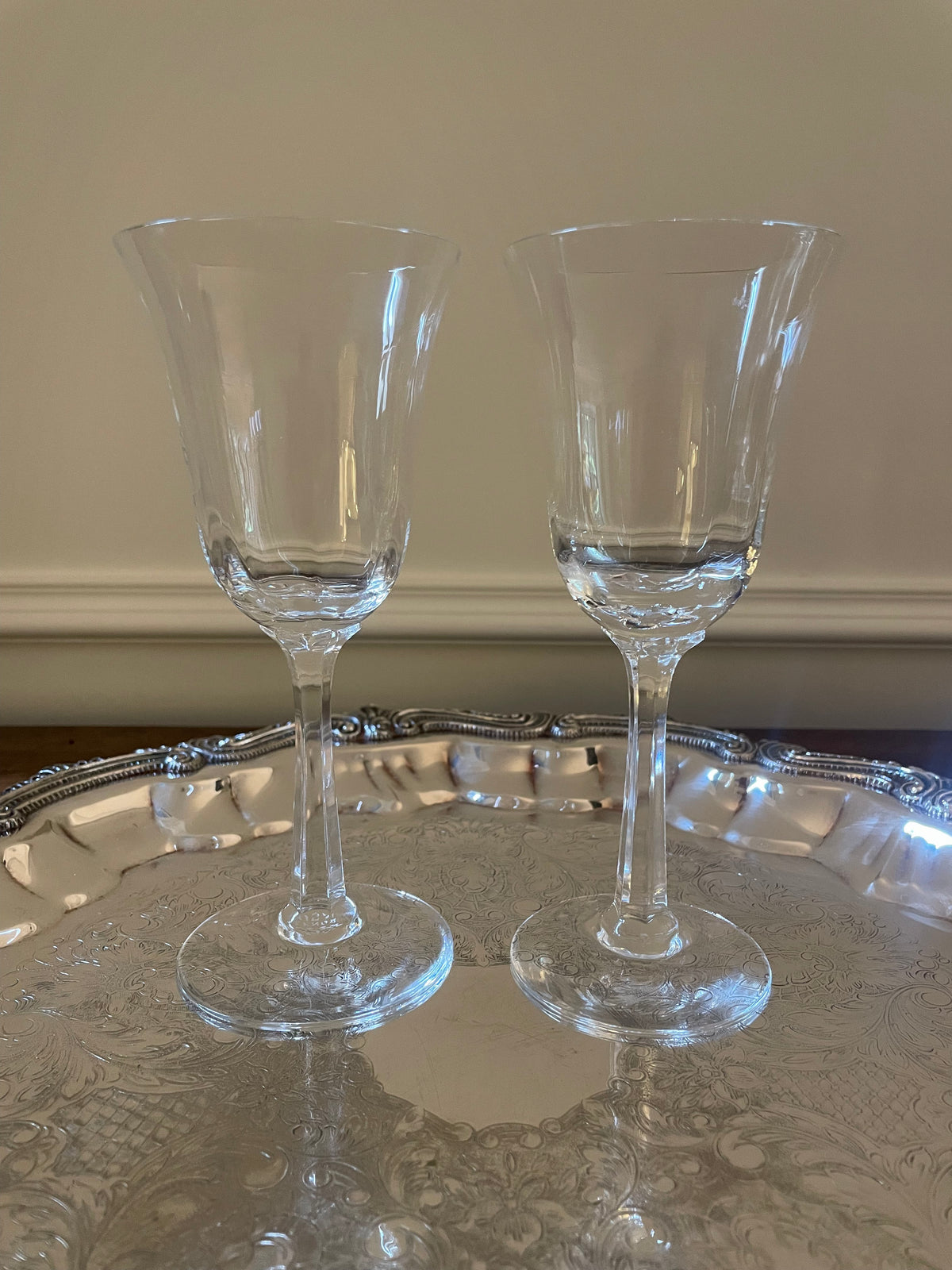 Pair Vintage Crystal Nick & Nora Tulip-Shape Cocktail, Wine Glasses