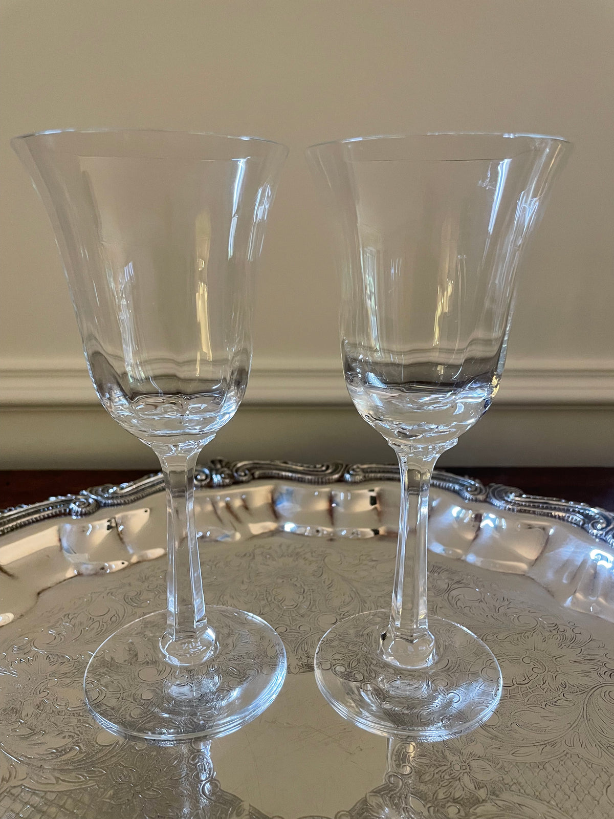 Pair Vintage Crystal Nick & Nora Tulip-Shape Cocktail, Wine Glasses