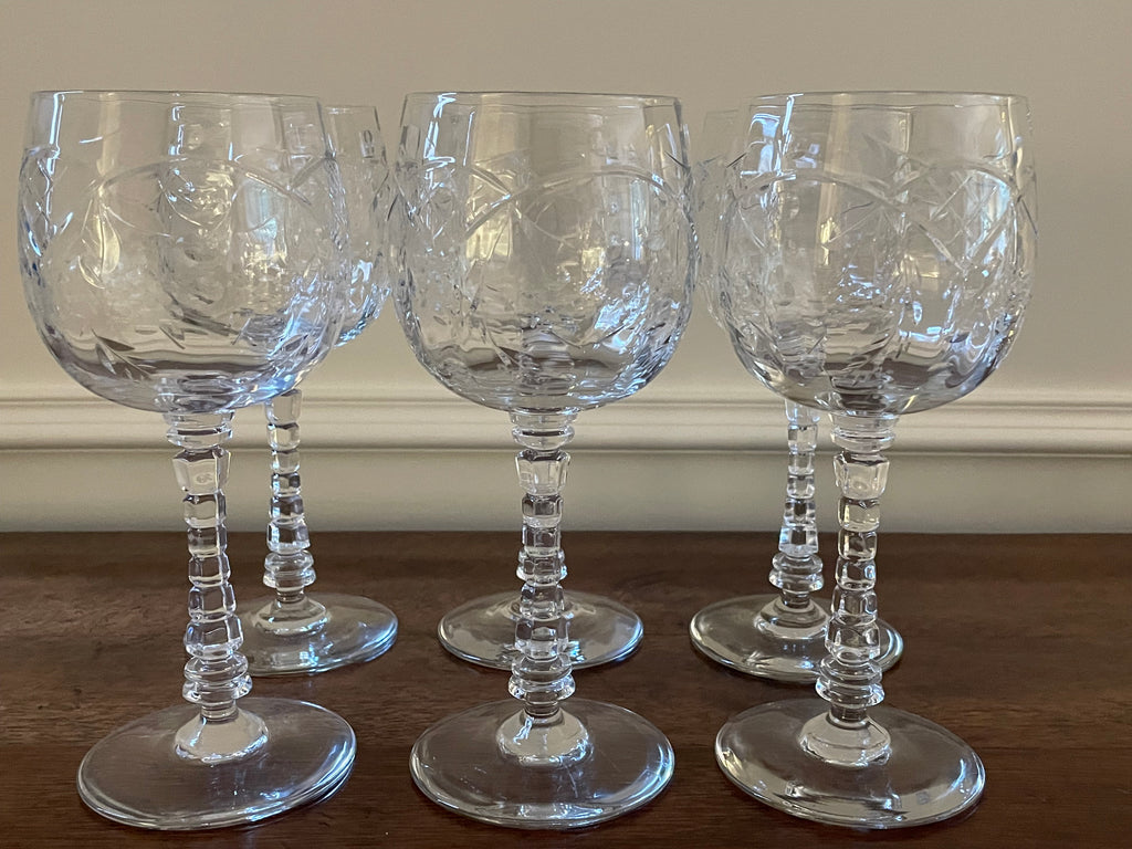 Set of 6 Rock Sharpe Crystal Goblets, wine or water, vintage, 1940's