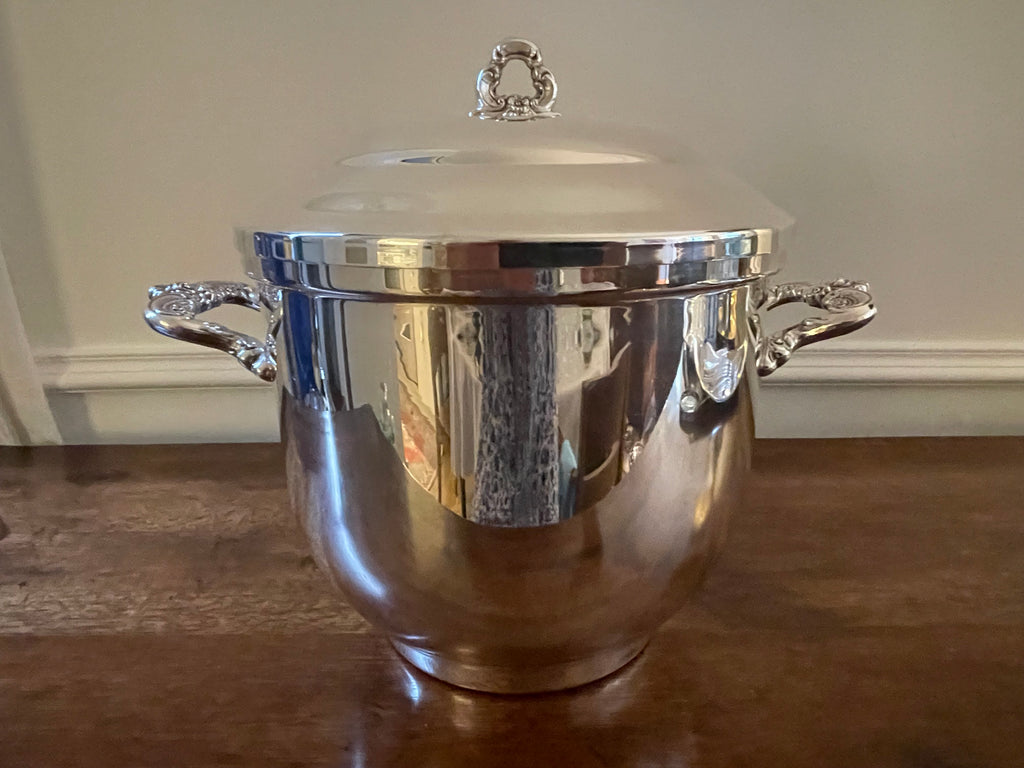 Vintage Towle “Grand Duchess” Silverplate Ice Bucket with Milk Glass Liner & Lid, Mid-20th Century