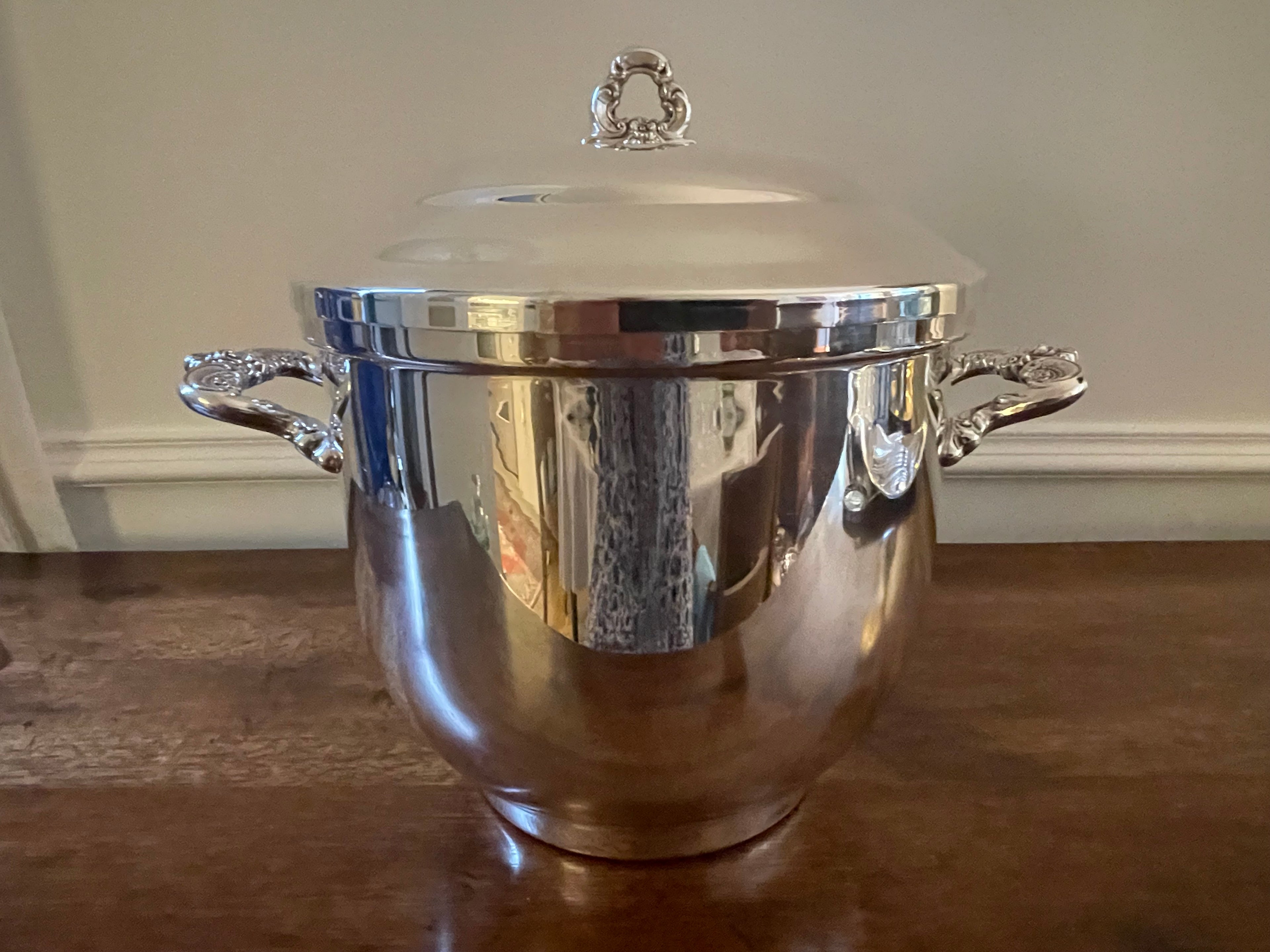Vintage Towle “Grand Duchess” Silverplate Ice Bucket with Milk Glass Liner & Lid, Mid-20th Century