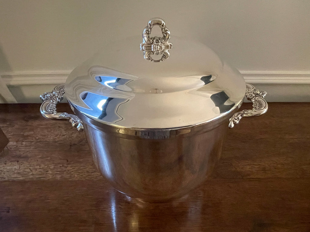Vintage Towle “Grand Duchess” Silverplate Ice Bucket with Milk Glass Liner & Lid, Mid-20th Century