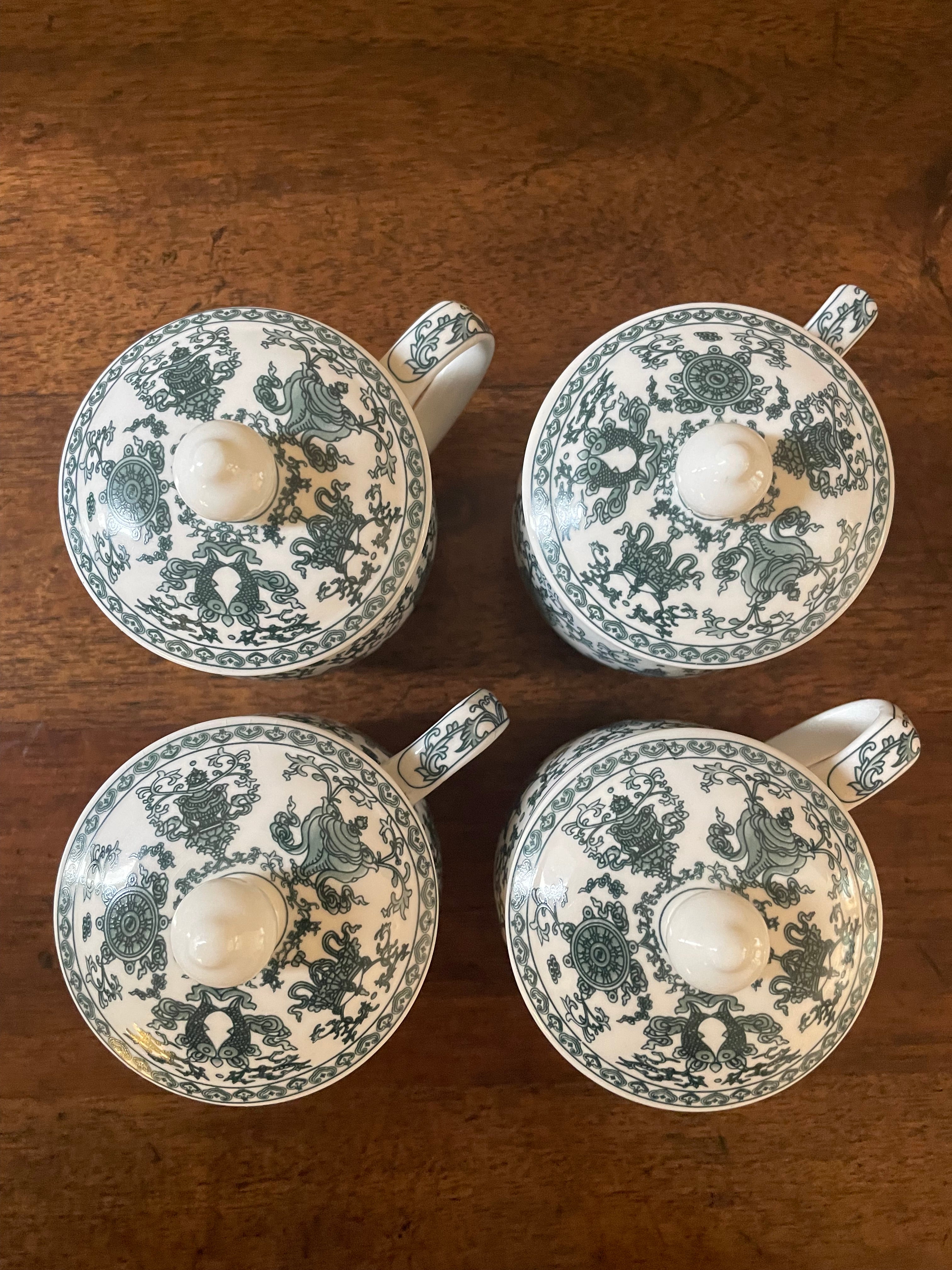 Rare set of 4 Lidded Vintage Chinese Tea Cups, Green White Pattern