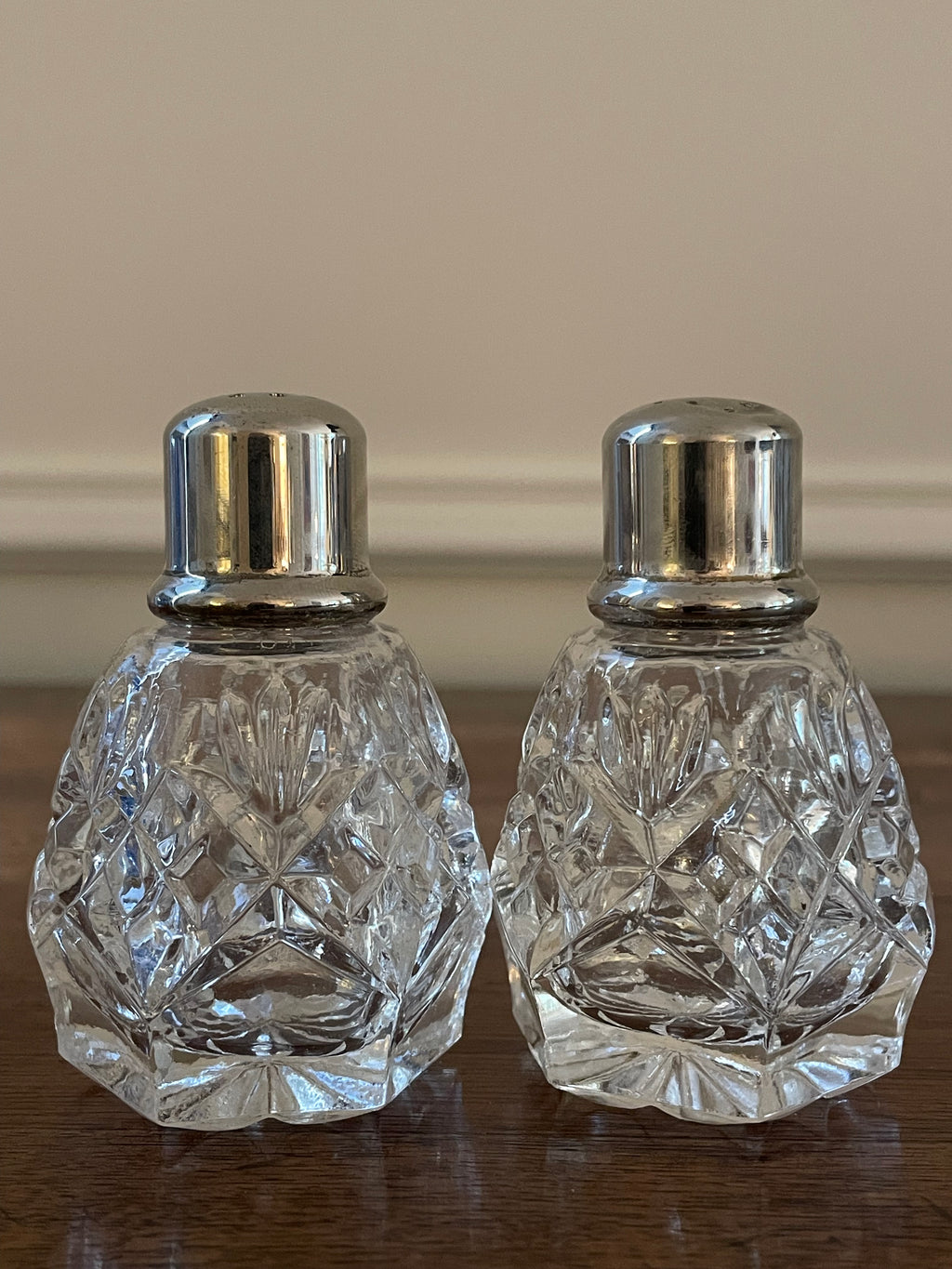 Pair Vintage Crystal and Silverplate Salt and Pepper Shakers