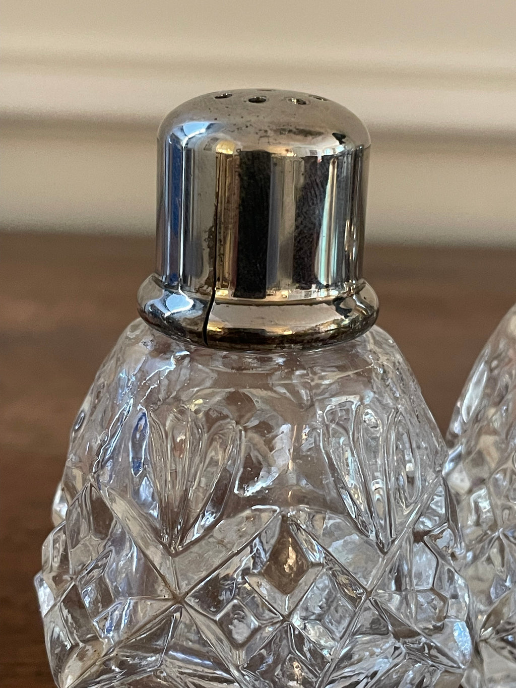 Pair Vintage Crystal and Silverplate Salt and Pepper Shakers