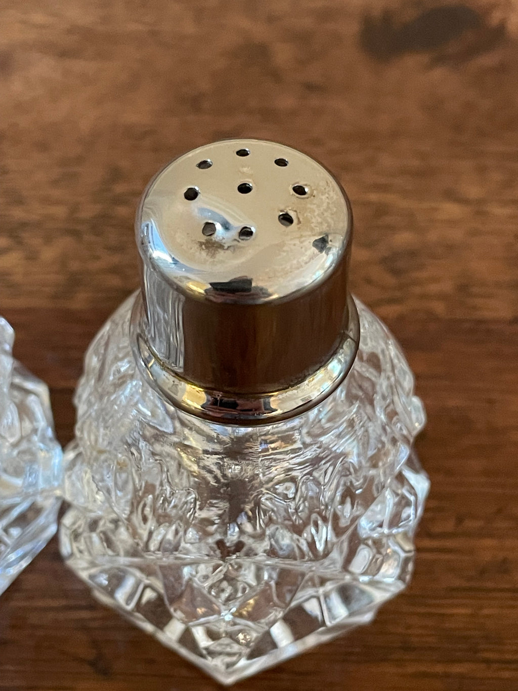 Pair Vintage Crystal and Silverplate Salt and Pepper Shakers