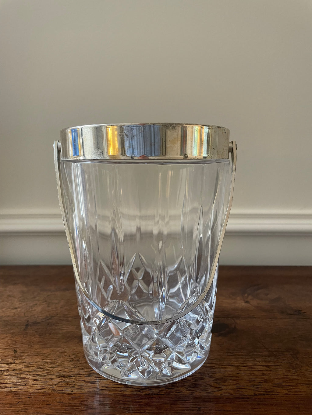 Petite antique cut crystal ice bucket with silverplate rim, handle