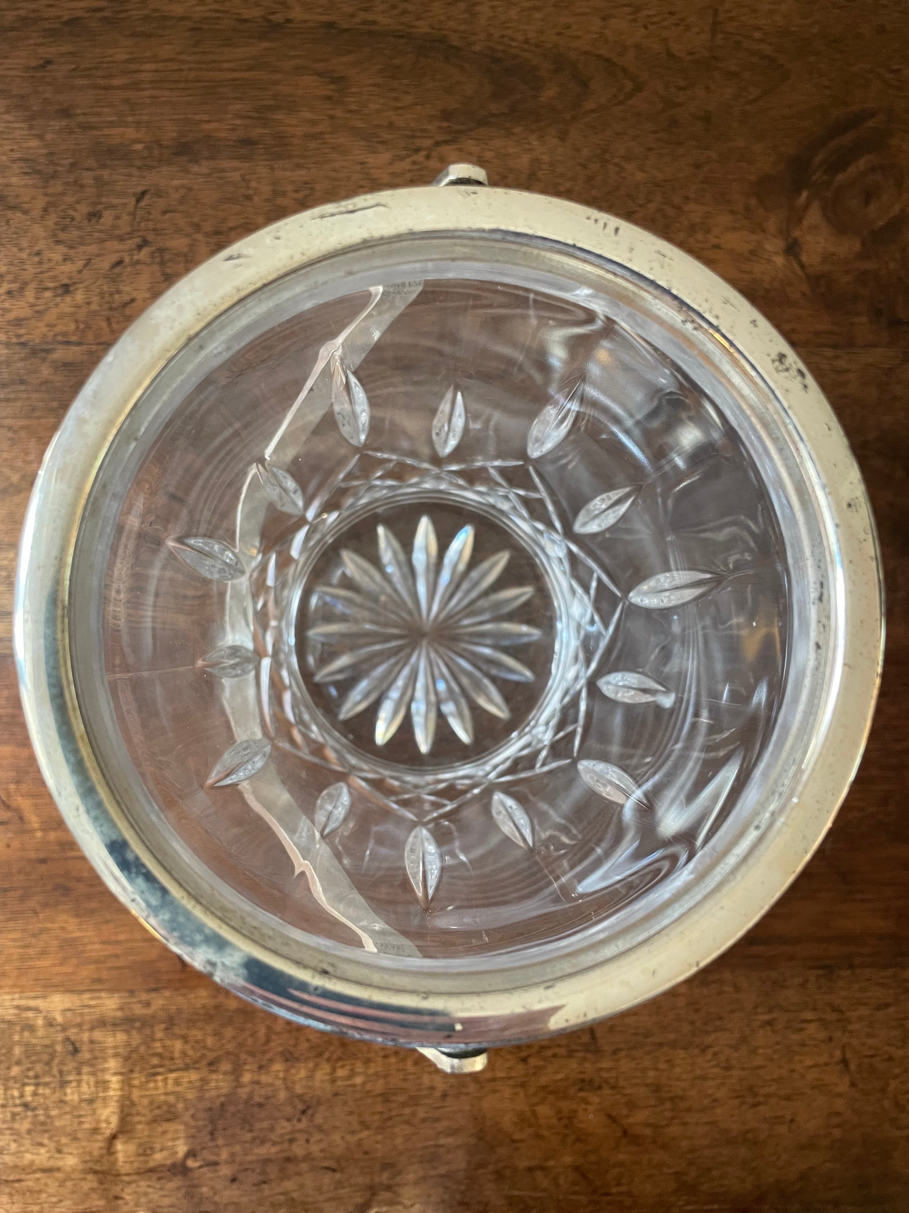 Petite antique cut crystal ice bucket with silverplate rim, handle