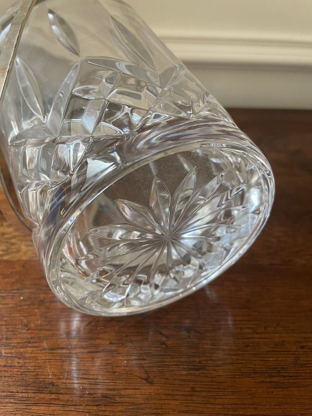 Petite antique cut crystal ice bucket with silverplate rim, handle