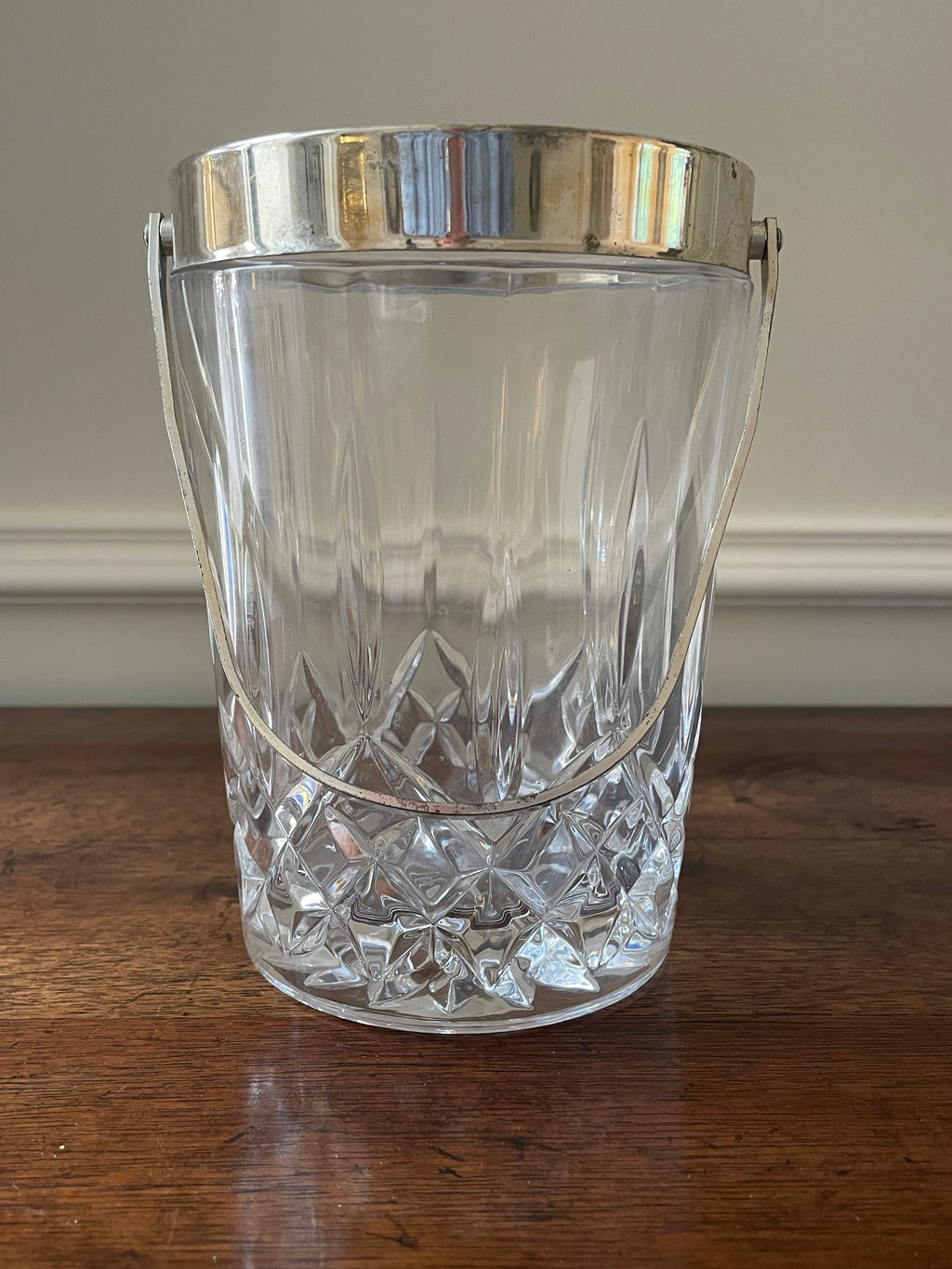 Petite antique cut crystal ice bucket with silverplate rim, handle