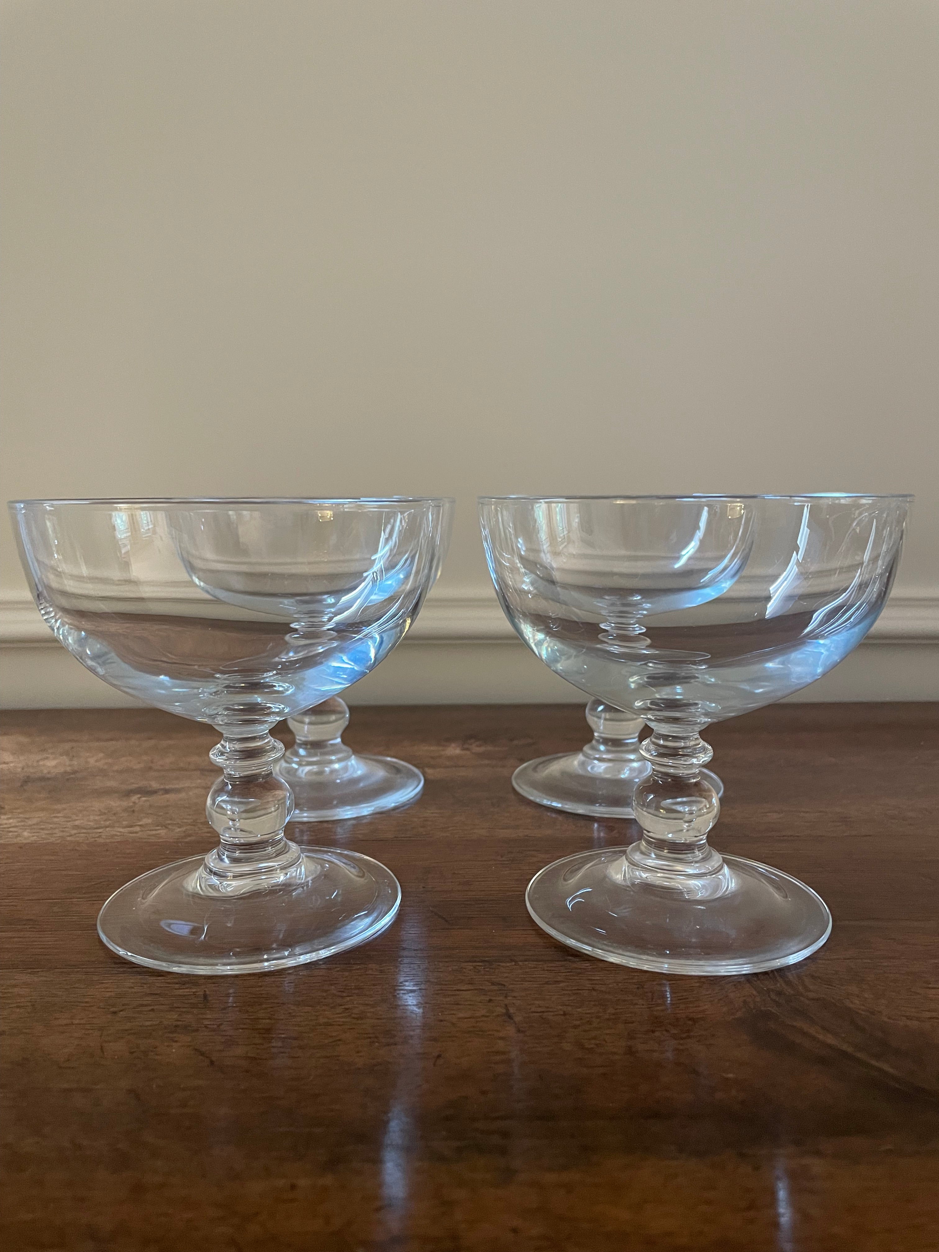 Set of 4 vintage glass large cocktail coupes, stemmed serving vessels