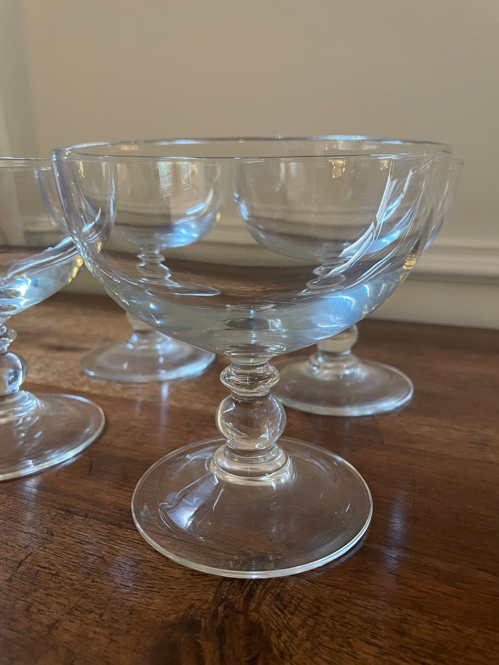 Set of 4 vintage glass large cocktail coupes, stemmed serving vessels