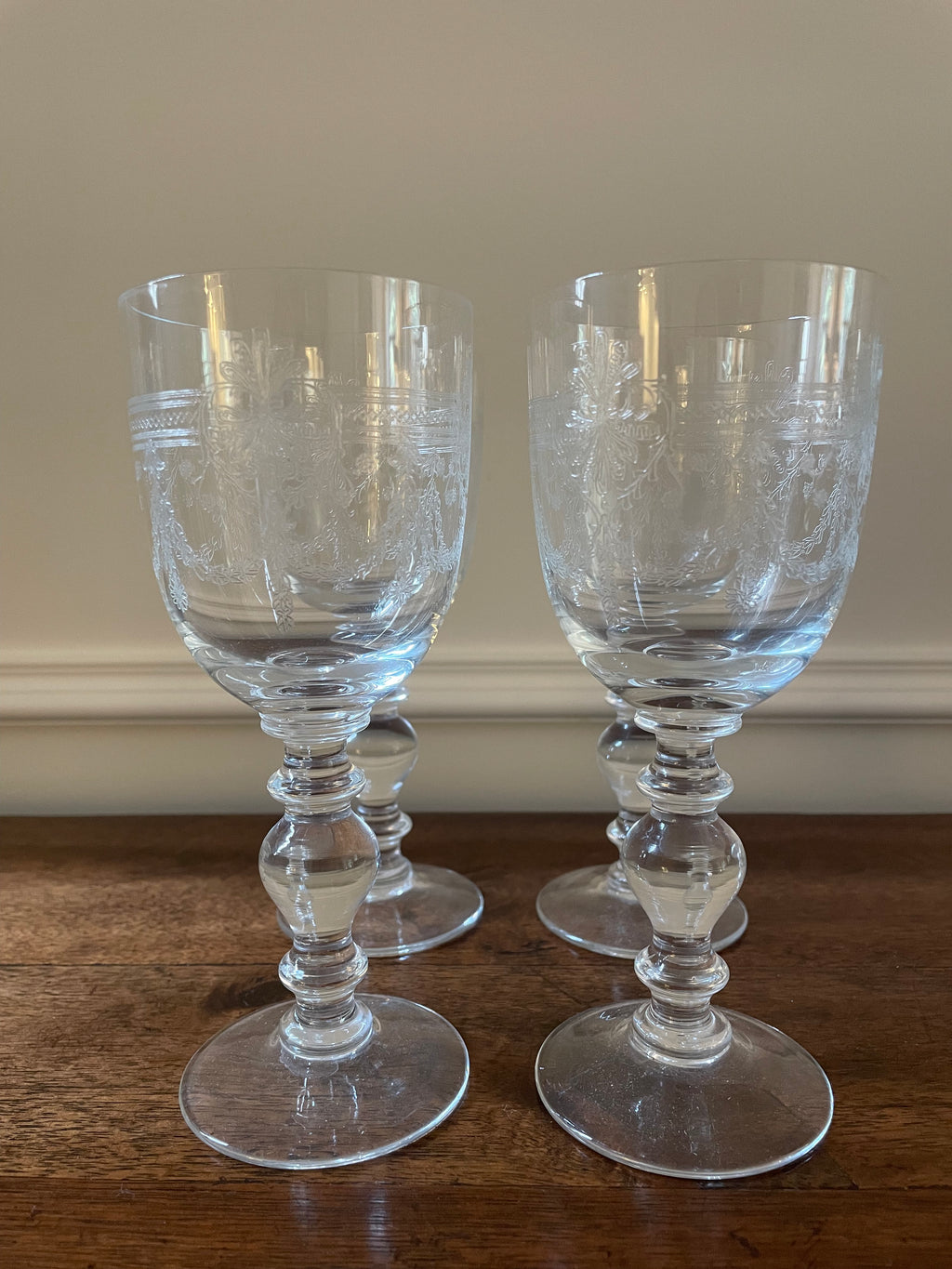 Set of 4 vintage Bohemia Crystalex 'Victoria' etched crystal wine glasses