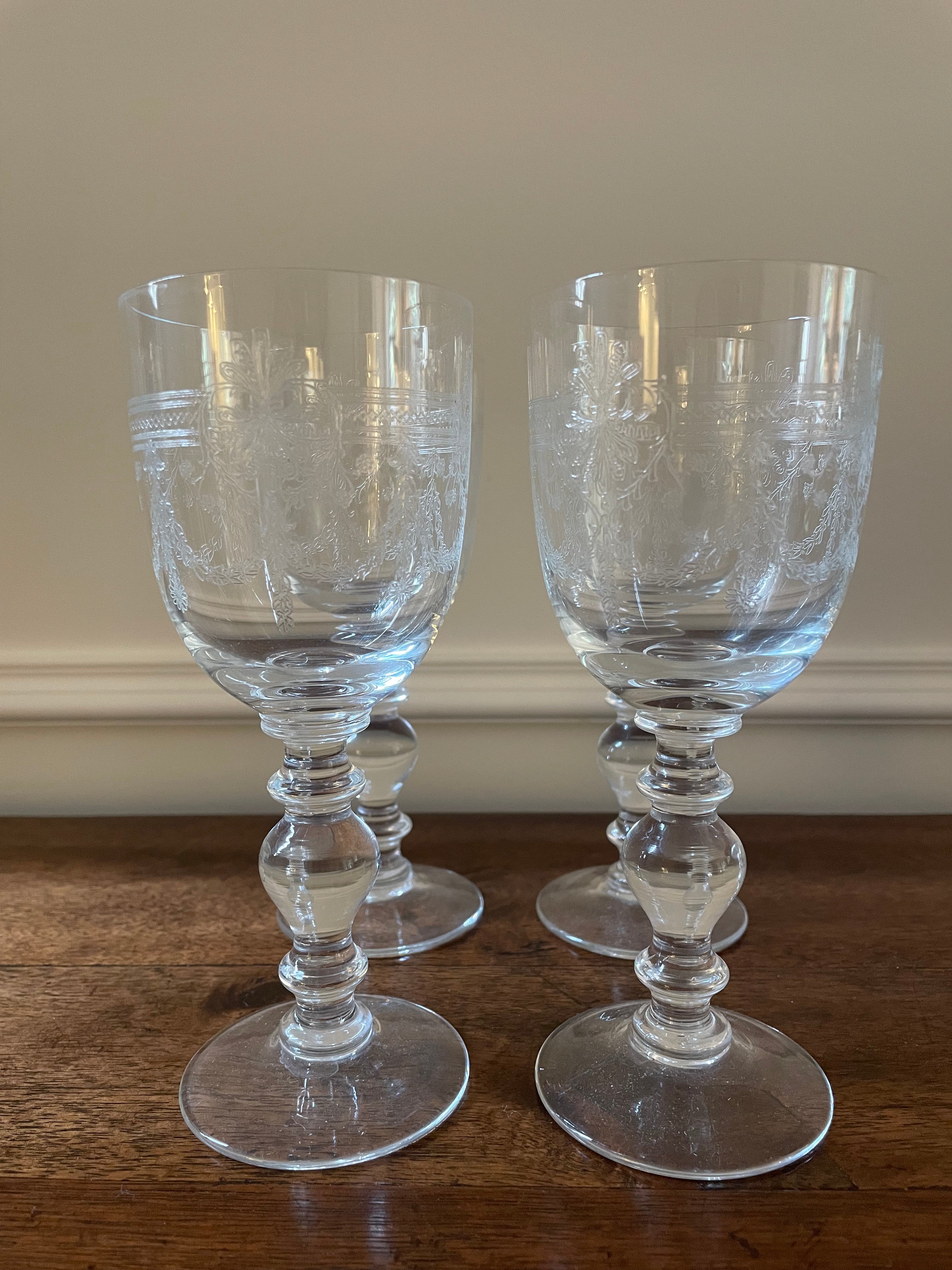 Set of 4 vintage Bohemia Crystalex 'Victoria' etched crystal wine glasses