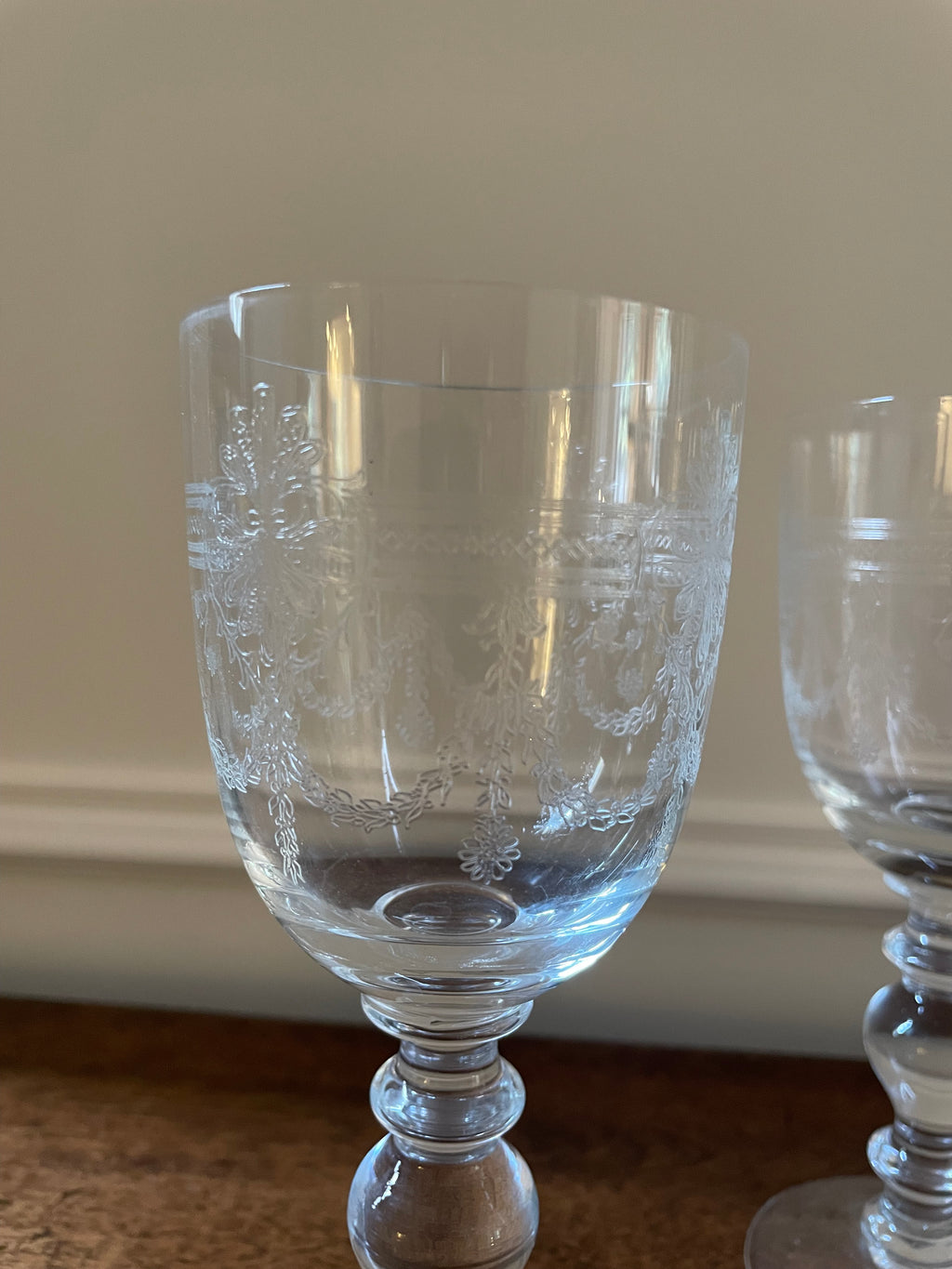 Set of 4 vintage Bohemia Crystalex 'Victoria' etched crystal wine glasses