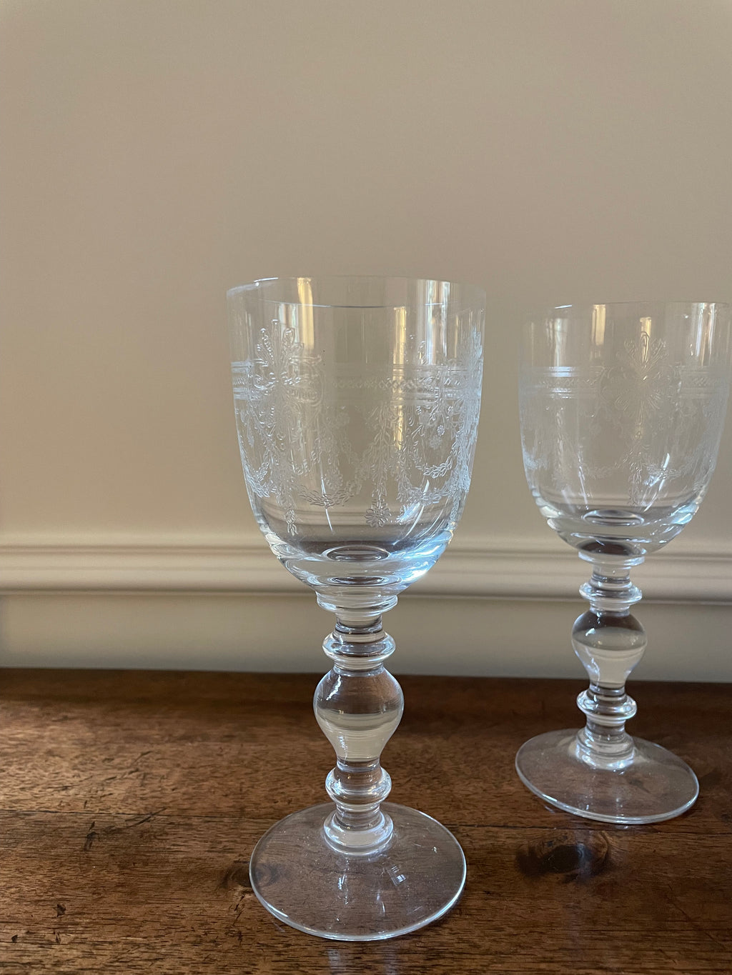 Set of 4 vintage Bohemia Crystalex 'Victoria' etched crystal wine glasses