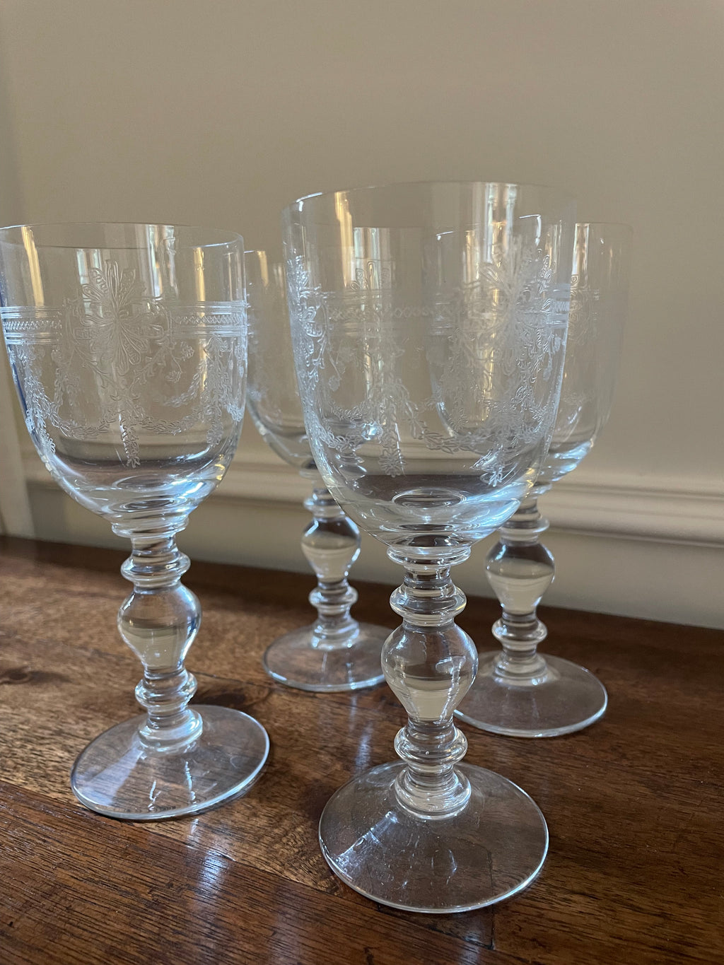 Set of 4 vintage Bohemia Crystalex 'Victoria' etched crystal wine glasses