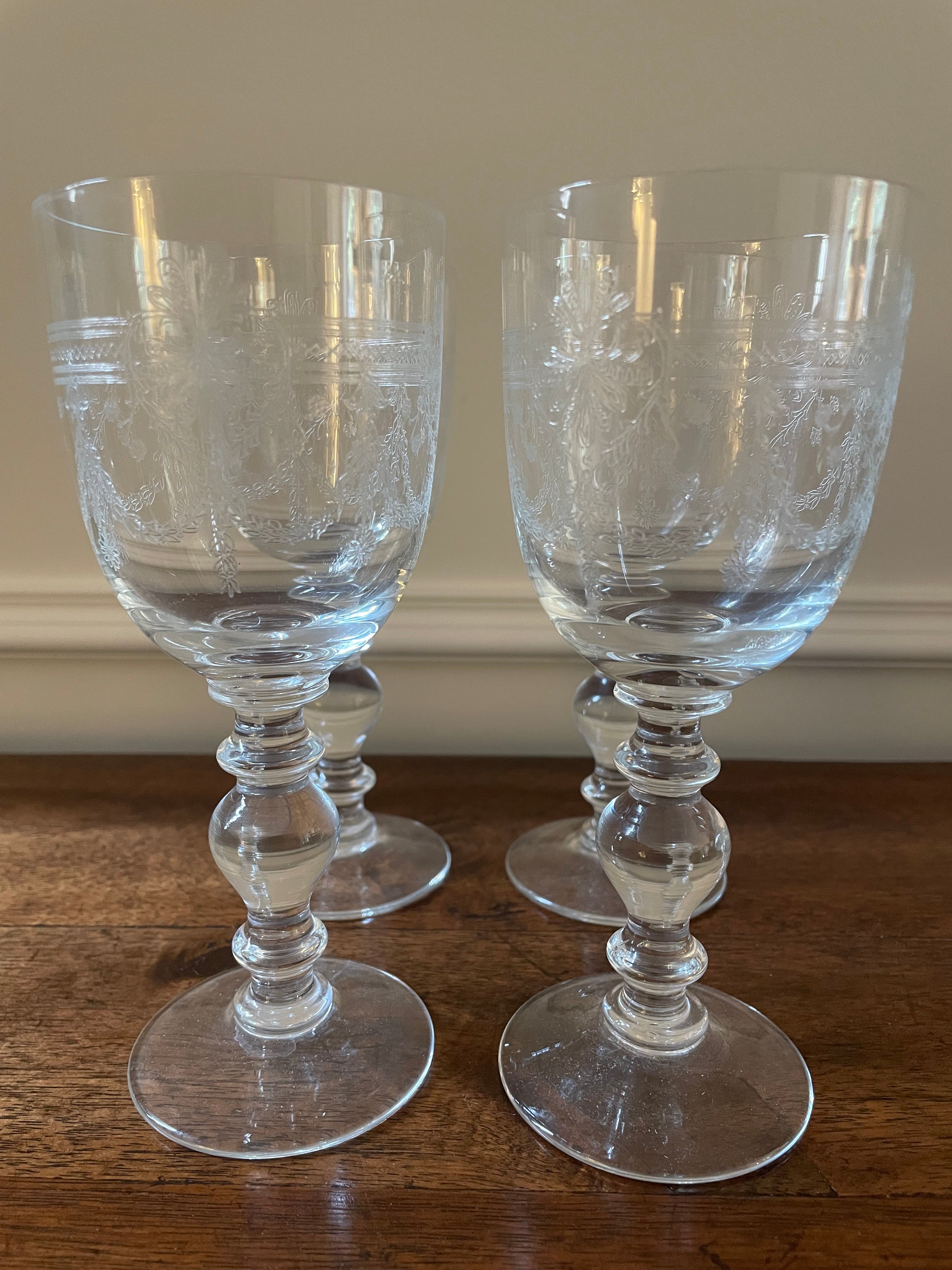 Set of 4 vintage Bohemia Crystalex 'Victoria' etched crystal wine glasses